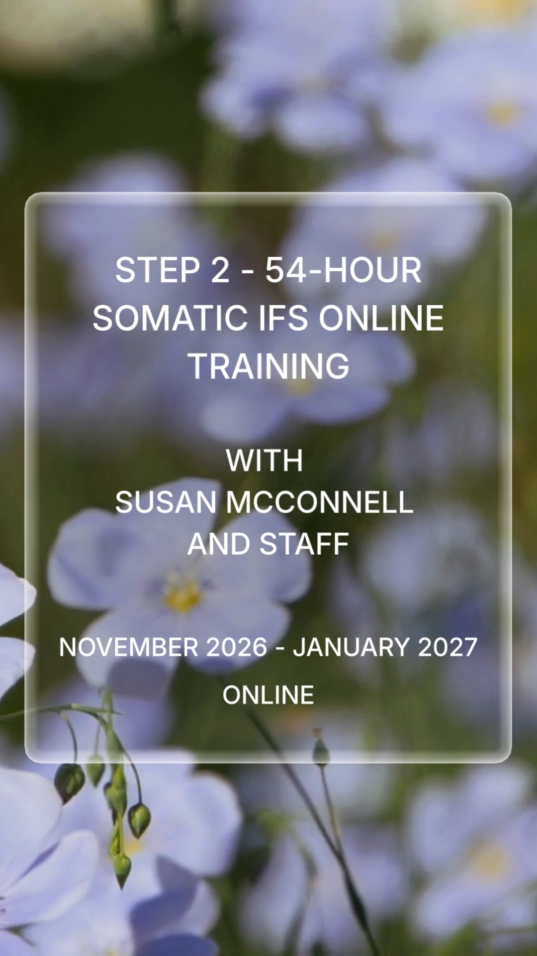 STEP 2 - 54-HOUR SOMATIC IFS ONLINE TRAINING
WITH SUSAN MCCONNELL AND STAFF
NOVEMBER 2026 - JANUARY 2027 - ONLINE
This Step 2 - 54-hr Somatic IFS Online Training will build on your immersion into the practices of Somatic IFS that you experienced in the Step 1, 30-Hr Somatic IFS retreat. Each weekly session of this clinical training will focus on the integration and application of the somatic practices of awareness, breath, resonance, movement, and touch with the IFS Model of psychotherapy.
Registration at www.souliology.com
#SomaticIFS #InternalFamilySystems #IFSModel #SomaticTherapy #TraumaHealingJourney #EmbodiedHealing #MindBodyIntegration #TherapistTraining #ClinicalTraining #SoulWork #SusanMcConnell