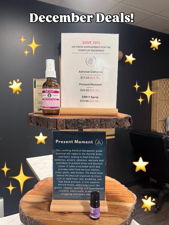 Kick off stress-free December with us!🌟 Our theme is Stress Management, and we're highlighting our favorite stress management products. Grab 10% off 911 Emergency Spray, Adrenal Complex supplement, and Present Moment essential oil - perfect for stocking stuffers!
We look forward to seeing you soon, and hope everyone is enjoying the winter weather ☃️
#chiropractors #massagetherapist #wellness #chiropractice