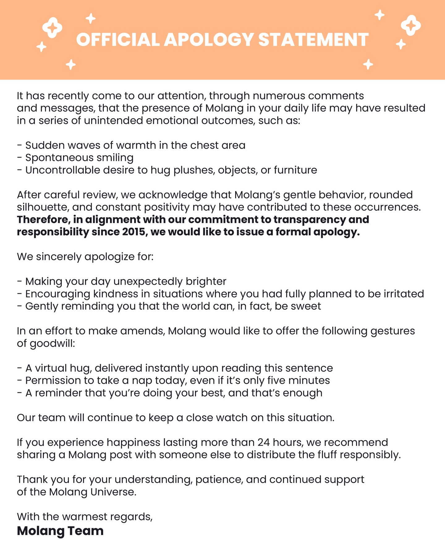 Molang and our team will deeply reflect on our actions. (Swipe left for a gift 💖)