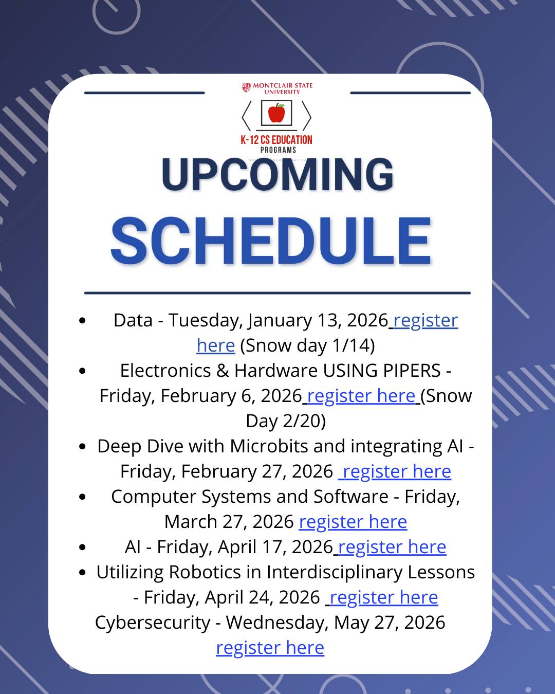 🌟 Register Now for Upcoming Events! 🌟
Visit our website to sign up for exciting professional development and computer science workshops: https://www.northernnjcshub.org/upcomingevents
📅✨
Whether you’re interested in hands-on CS workshops like the Pillars of Computer Science series or collaborative sessions and playdates, you’ll find all the details and registration links there. 🎓👩🏫👨🏫
northernnjcshub.org
👉 Go to: https://www.northernnjcshub.org/upcomingevents
to register today!
northernnjcshub.org
#CS4NJ #CSed #ProfessionalDevelopment #MontclairState #NJStandards #STEMeducation #TeacherPD #CreativeClassroom #EdTech #HandsOnLearning #InnovationInEducation #Montclairstateuniversity #northernnjcshub #compscinj #computerscience #ComputingEducation #TeacherTraining #NJDOE