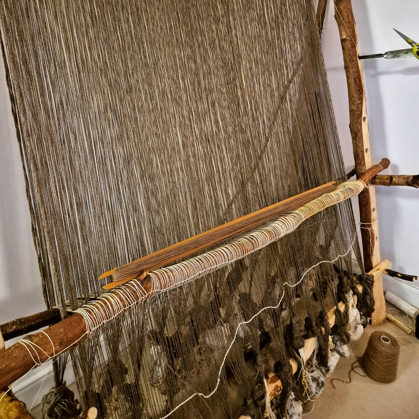 With a commission for three luxurious vararfeldir on the go, I've been spending a lot of time at my crystal loom lately! Here you can see the loom all warped up and ready to start weaving on. This is the largest vararfeldr I have woven, at 1.3 m wide and 1.5 long. It takes up almost the entire width of my loom!
Swipe to see my first rows of knots and weaving - the order is for very long fleece tufts, which can make it difficult to see the weave itself, so I put a string across the loom to try and hold the long tufts away from the loom so I can see what I am doing!
#weaver #weaving #weaversofinstagram #fibreart #fibreartist #slowcraft #traditionalcraft #scottishwool #sustainablecraft #wovenrug #handwovenrug #vararfeldr #vikingcloak #vikingcraft