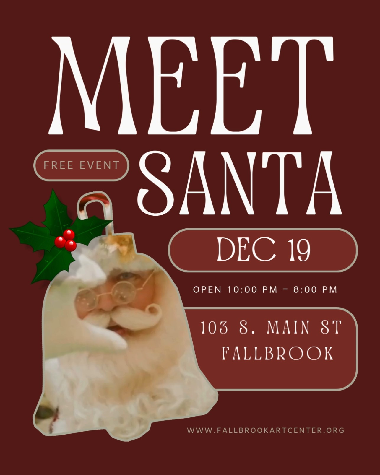 Gather your family, friends, and neighbors—Santa is making a special appearance at the Fallbrook Art Center on Friday, December 19 from 4:00PM to 7:00PM. While you’re here, wander through our International Holiday Show and discover handmade gifts created by talented artists from our region and beyond.
Whether you’re starting a new holiday ritual or stopping in during your annual visit, we’re here to help you find meaningful, artful gifts that celebrate the spirit of Fallbrook.
Our extended hours make it easy to drop by:
• December 16–20: open 10AM–8PM
• December 23: open 10AM–8PM
• December 24: open 10AM–4PM
Come be part of the season with us—enjoy the art, meet Santa, and connect with the people who make Fallbrook feel like home.
#Discoverinspirecreate #ChristmasinFallbrook #Fallbrookland #FallbrookCA #HolidayShow #HandmadeHoliday #SupportLocalArtists #ShopSmall