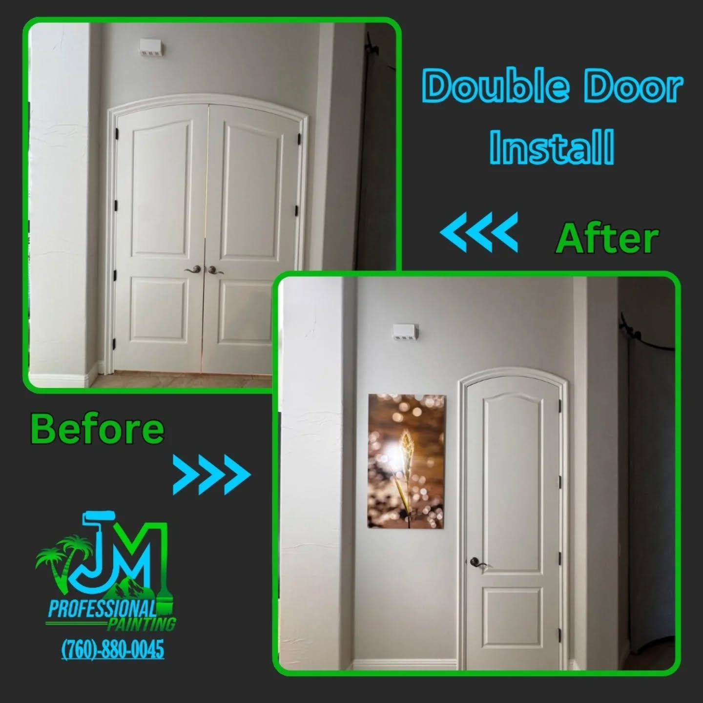 Incredible Door Transformation! 🚪
Before & After: We upgraded this space by transforming a single door opening into a stunning double door install!
Service included new framing and all custom work.
Call JM Professional Painting for your next project:
📞 (760)-880-0045
#doorinstall #singledoor #framing #homerenovation