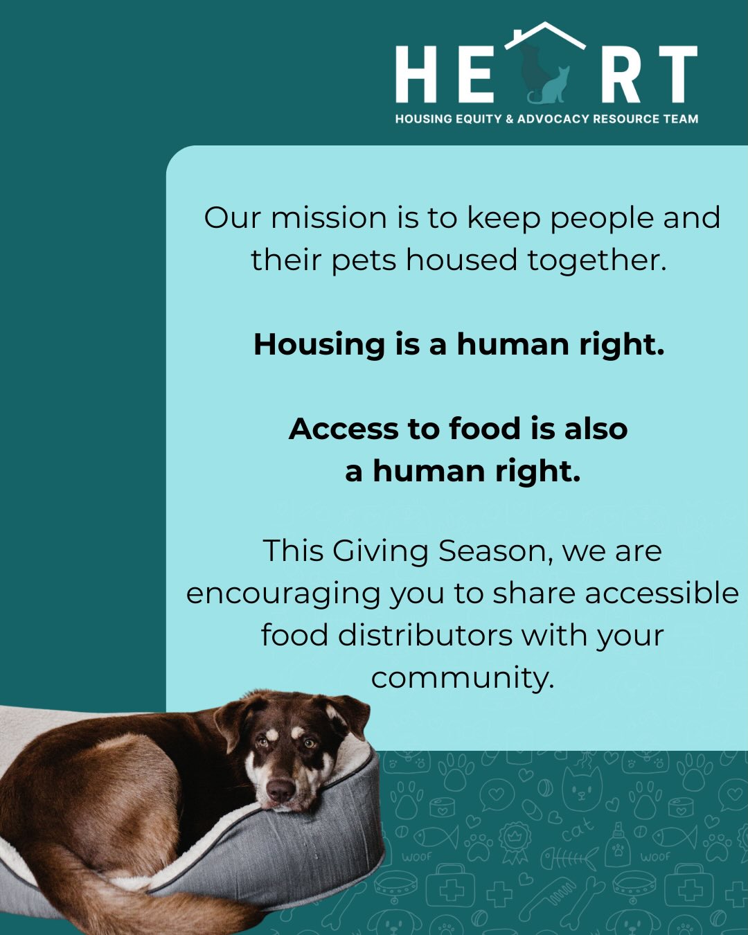 HEARTās commitment to advocate for housing rights doesnāt stop at keeping people and their pets housed together. We see housing as an inherent human right, and access to food is another inherent human right (amongst other forms of well-being).
Please share this post with your family, friends and neighbors. We call on animal well-being organizations to share this with your community members, and we call on human services agencies to locate nearby pet food pantries to offer to your clients.
Remember that we - as a community - take care of one another. Lean into community care and mutual aid.
We want to thank and give credit to @lafamilyhousing, @lacommunityfridges, and the @ymcala for compiling the original list of resources.
ššlinktr.ee/heartla
El compromiso de HEART a defender derechos de vivienda va mÔs allÔ de mantener a personas y sus mascotas juntos en su hogar. En nuestra opinión, tener hogar es un derecho humano, y tener acceso a comida también es derecho humano (como otras formas de bienestar).
Por favor comparta esta publicación con sus familiares, amistades y vecinos. Le pedimos a organizaciones que se enfocan en mascotas que compartan esta información con los miembros de su comunidad. También le pedimos a quienes se enfocan en servicios humanos que localicen y compartan  distribuidores de comida para mascotas.
Recuerden que vivimos en comunidad con otros y nos cuidamos entre nosotros mismos. Busquen y den cuidado y ayuda mutua entre su comunidad.
Queremos darle gracias y crƩdito a LA Family Housing, LA Community Fridges, y YMCA por haber creado la lista de recursos.