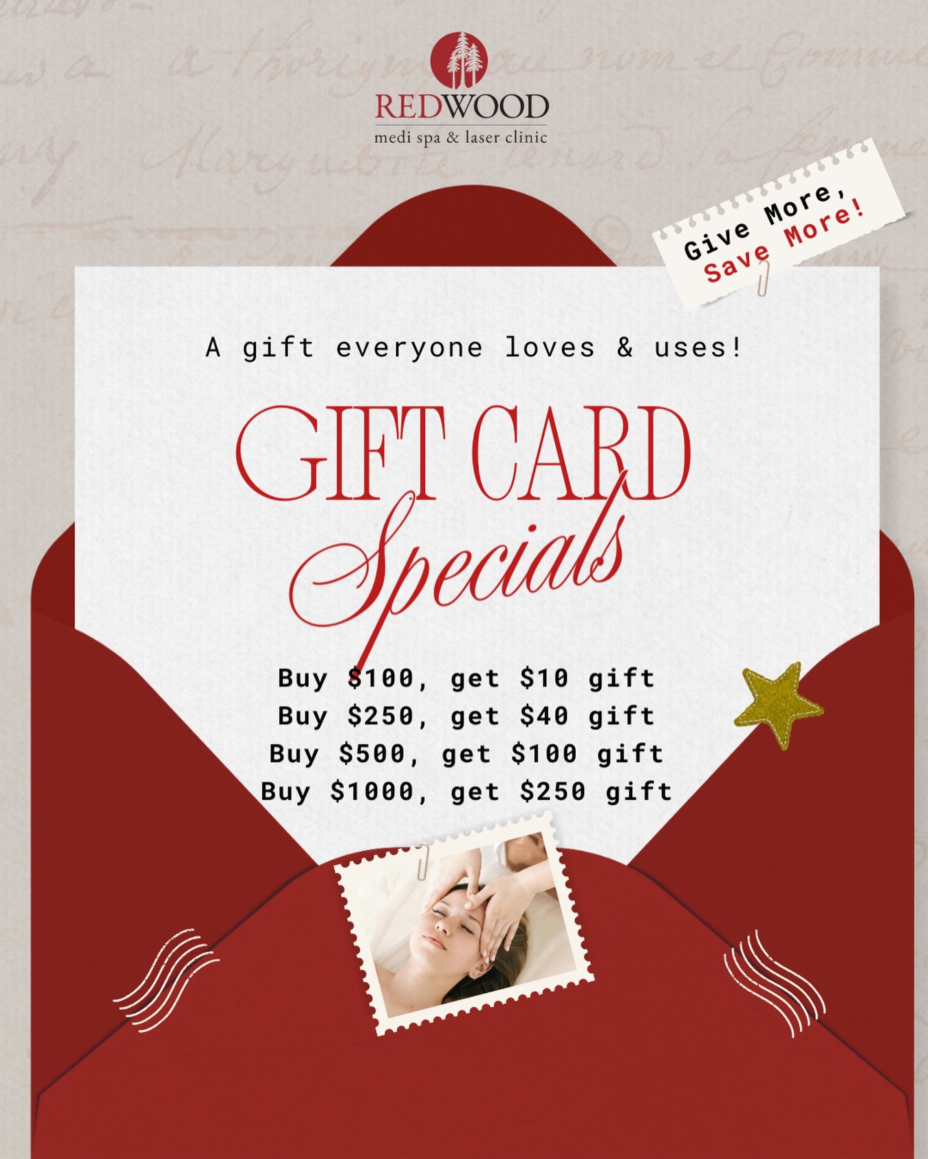 Give the gift everyone actually uses.
Skincare, relaxation, real results.
Your loved ones will thank you later.
Our holiday gift card specials are here.
A little extra glow with every card you buy.
Perfect for someone you love or, honestly, yourself.
📍 4141 Yonge St, Unit 304, Toronto, ON M2P 2A6
📞 (416) 481-2888
📩 info@redwoodmedispa.com