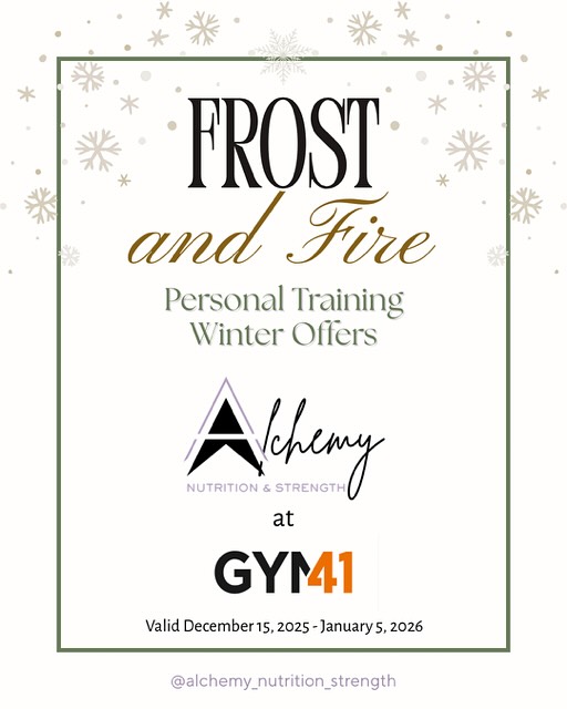 ❄️FROST & FIRE🔥 WINTER PERSONAL TRAINING OFFER
Available exclusively with Coach Andi at Gym41
Winter is the perfect time to build strength, gain confidence, and create real momentum heading into the new year and we’re excited to share a limited-time personal training offer available with Coach Andi, one of our in-house trainers here at Gym41.
Whether your goal is fat loss, muscle building, or simply feeling stronger and more consistent in the gym, these winter promos give you extra value, accountability, and support.
If you’ve been wanting to start (or get back into) strength training with proper guidance, now is the time — spots are limited and this offer runs Dec 15 – Jan 5.
To book or learn more, send us a message or connect directly with @alchemy_nutrition_strength
Let’s make this your strongest season yet.