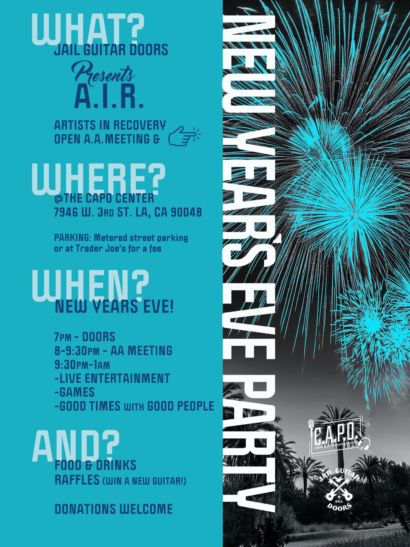 Join us for our A.I.R. (Artists in Recovery) Open AA Meeting and New Yearâs Eve party at @thecapocenter
âšđ AA Meeting 8â9:30PMâšđ¶ Live entertainment, games, food & drinksâšđž Guitar raffle
Ring in the new year with communityâall are welcome!
.
.
#aa #sobercommunity #newyearseveparty #soberliving