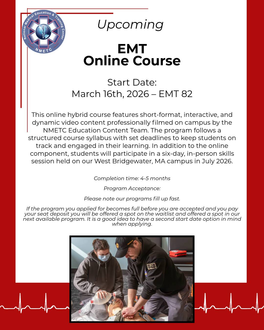 Do you want to become an EMT? Then, consider applying for our next EMT course starting March 16, 2026. Applications can be found at our website, www.nmetc.com
#NMETC #firstresponders #EMS #emergencymedicalservices