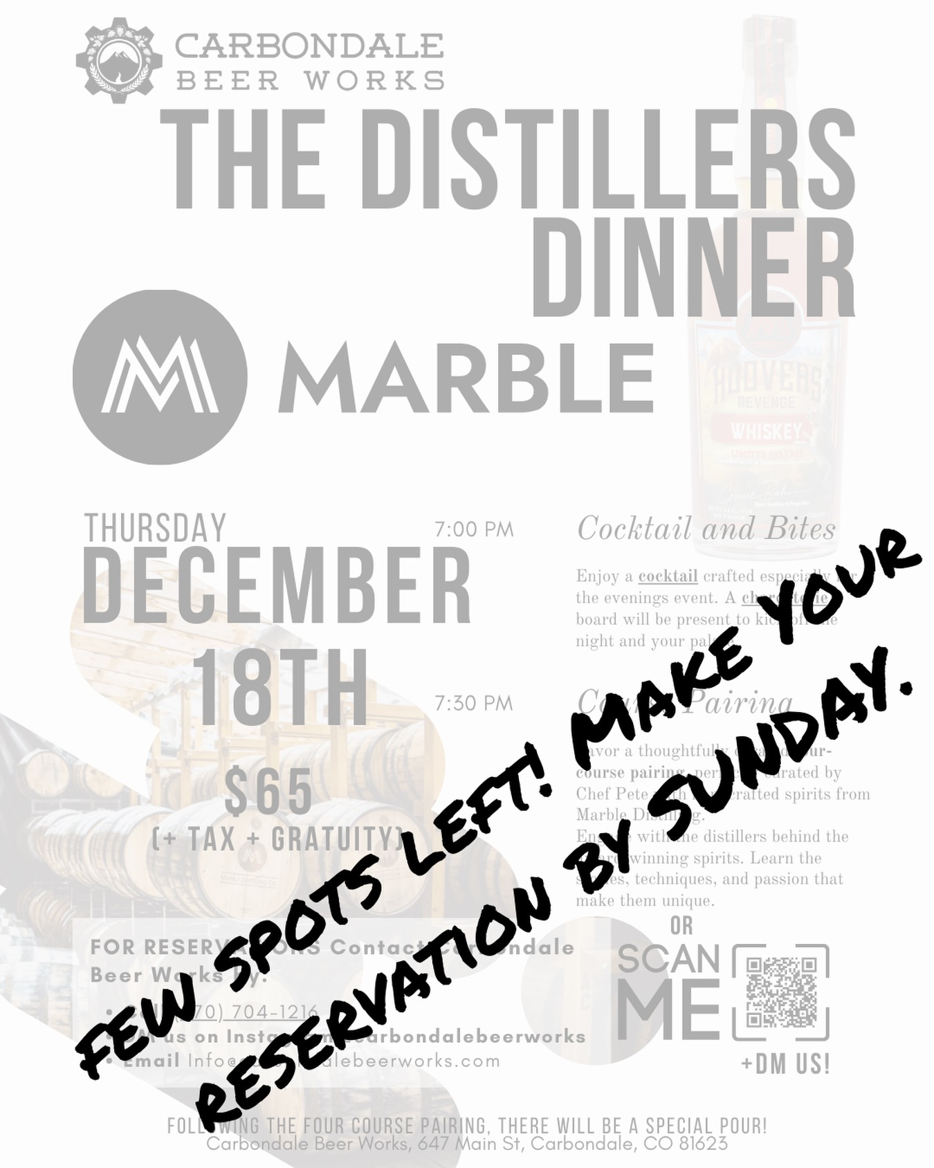 We’re gearing up for our December Distillers Dinner with @marbledistillingco this Thursday!
We have a few spots left, but reservations need to be in by Sunday. Just shoot us a DM, call, or stop in!
This is a perfect early gift for your whiskey and food loving people on your list. 🎄
#whiskey #marbledistilling #carbondaleco #carbondalecolorado #distillersdinner #carbondalebeerworks