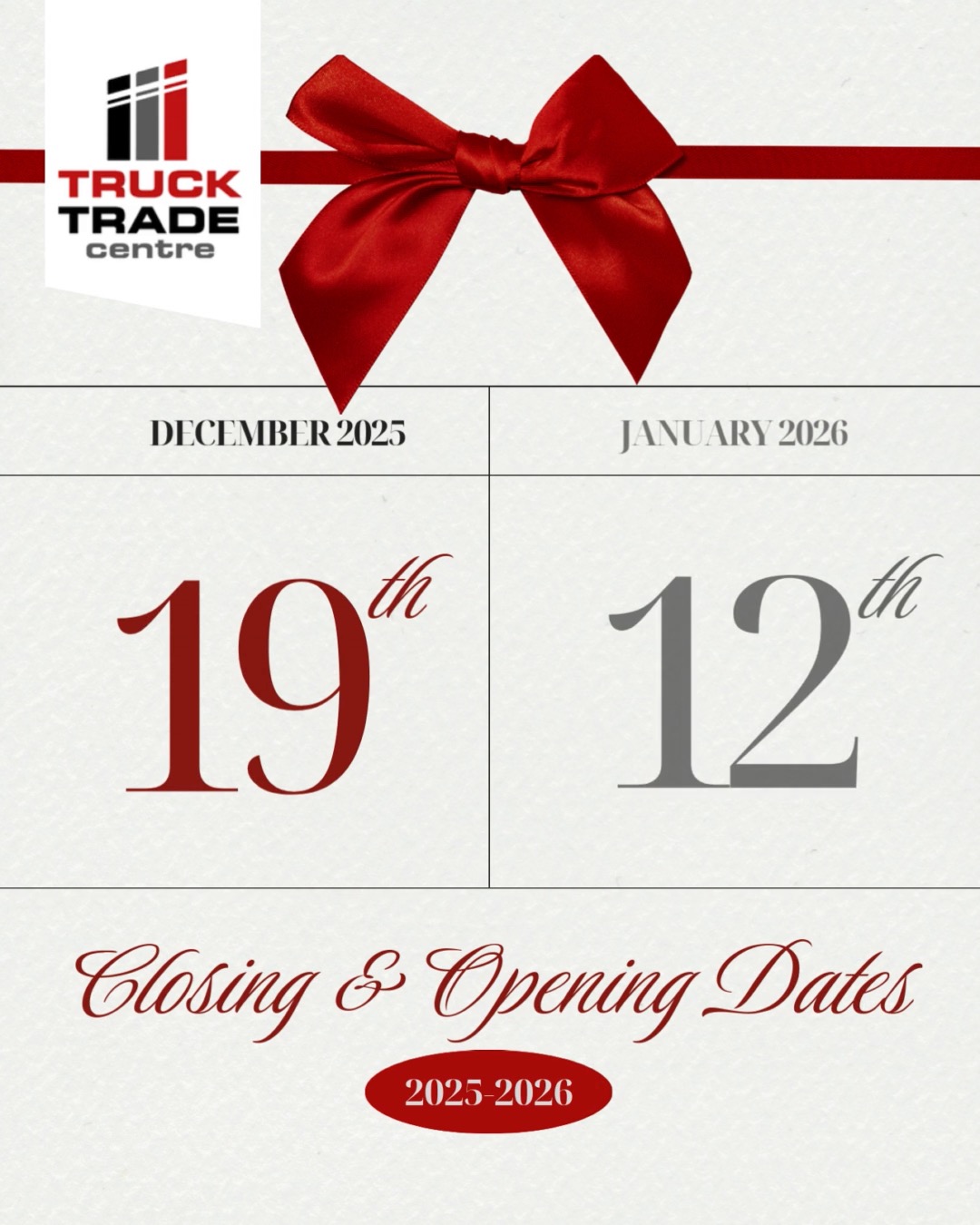 🎄🚚 Holiday Shutdown Notice 🚚🎄
As we wrap up another big year on the road, we want to thank all our amazing clients for your continued trust and partnership.
Our office and operations will be closed from December 19, 2025, and will reopen on January 12, 2026.
During this time, our team will be taking a well-earned break to recharge for an even stronger year ahead.
From all of us at @trucktradecentre, we wish you a Merry Christmas, a joyful holiday season, and safe travels wherever the roads take you. ✨
See you in 2026! 🚛💨 #holidayseason #safetravels #besafeontheroads #christmasseason