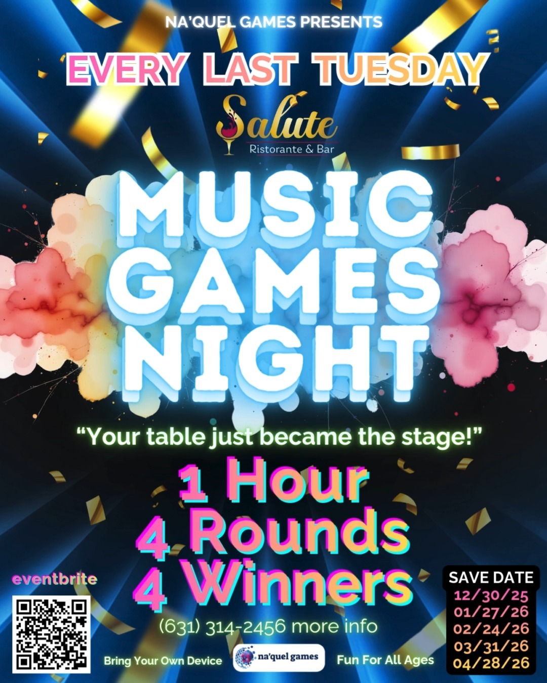Muse'c Game Night 🆗-> Good food, good vibes, and playlists that hit all the right notes. 🎧
BYOD… and bring that appetite. Tuesday night we indulge.🎁🏆😎
📍 Salute Ristorante & Bar
📆 Tuesday, December 30th
⏰ 7PM–8PM
397A South Oyster Bay Road
Plainview, NY 11803
Can you name the artist singing this tune?
#NaquelGames #Salute #Plainview #SaluteTheSound #MusicGameNight #Trivia #Jeopardy #LongIsland #Dine #Play #Win #LocalAdventures #Plainview #TuesdayNight #Fun #Triviaand#Music #PerfectPlaylist #GoodSounds #RockandRoll #RandB #ClassicRock #Pop #HipHop #Country #Soul