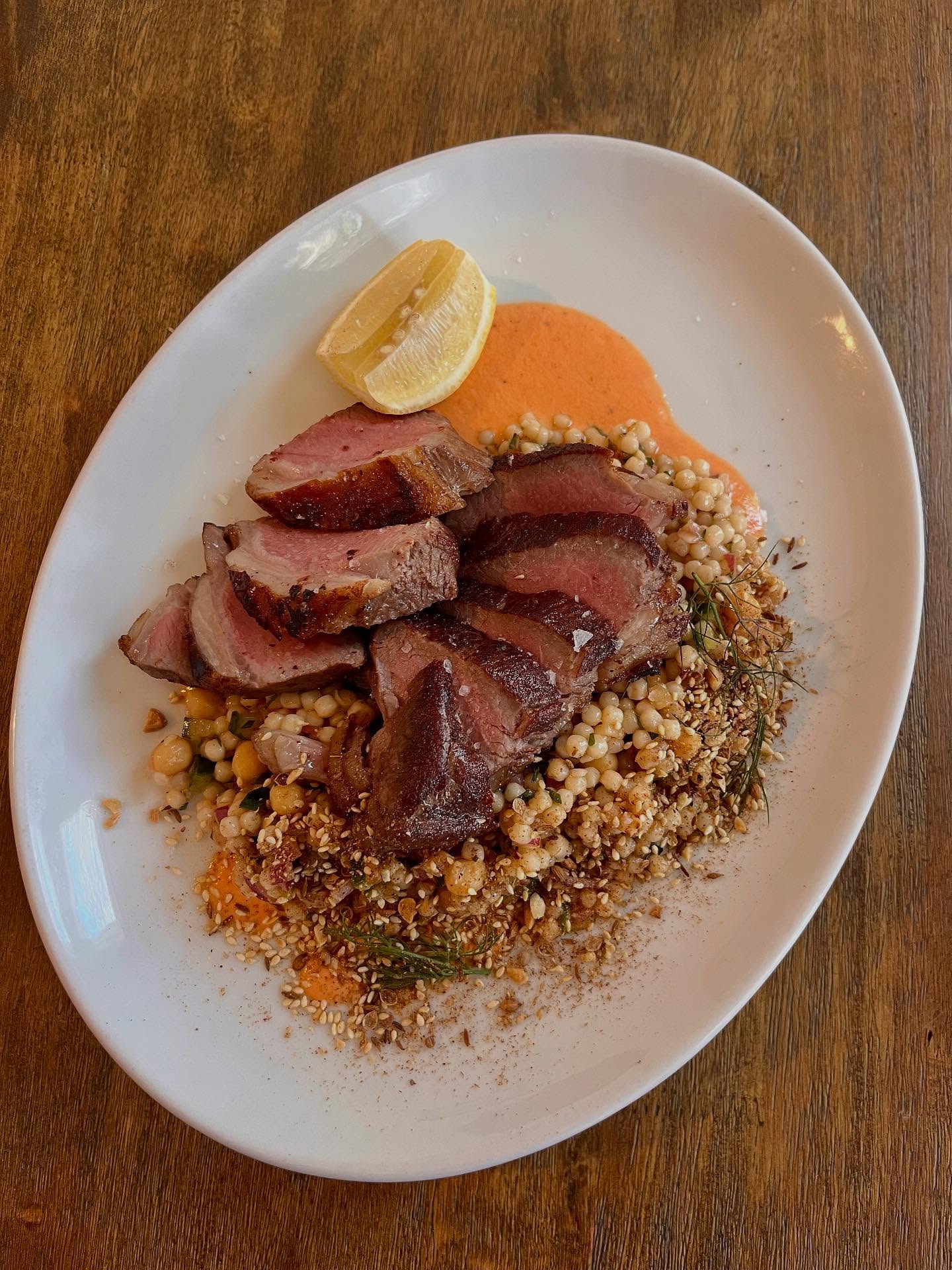 New specials up on the board this week!
-Lamb Backstrap with red pepper yoghurt, pearl cous cous salad and pomegranate dressing.
-Scallop Mornay — baked 1/2 shell scallop with house bechamel.
-Roast Pumpkin Salad with beetroot + white bean hummus, rocket and walnuts (vegan).
-Pulled Mushroom Sliders with chipotle mayo, pickles and slaw (vegan).
Looking forward to seeing you soon at the Drom!