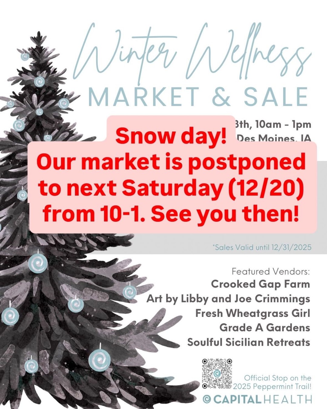 Market Postponed! — Happy Snow Day Everyone! In the name of safety for our vendors and our attendees, we have decided to postpone our Winter Wellness Market until next Saturday, December 20 from 10 a.m. — 1 p.m. We'll see you then! (And guess what?! The 20th is Dr. LoRang's birthday, so let's have a party!)
FB event link here: https://www.facebook.com/share/17bexUGdHM/