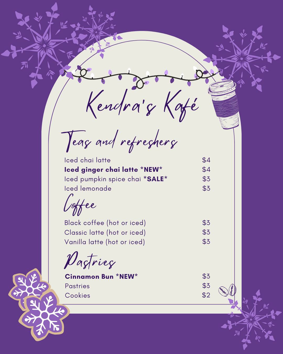 Hey Senior School! This Friday, we will be having our second run of Kendra's Kafé! ♡
We will be selling all our original items, plus our new seasonal iced ginger chai latte and cinnamon bun! Find us during flex time at the Senior School Lounge, we will be accepting tap, cash, and e-transfer! See you there!