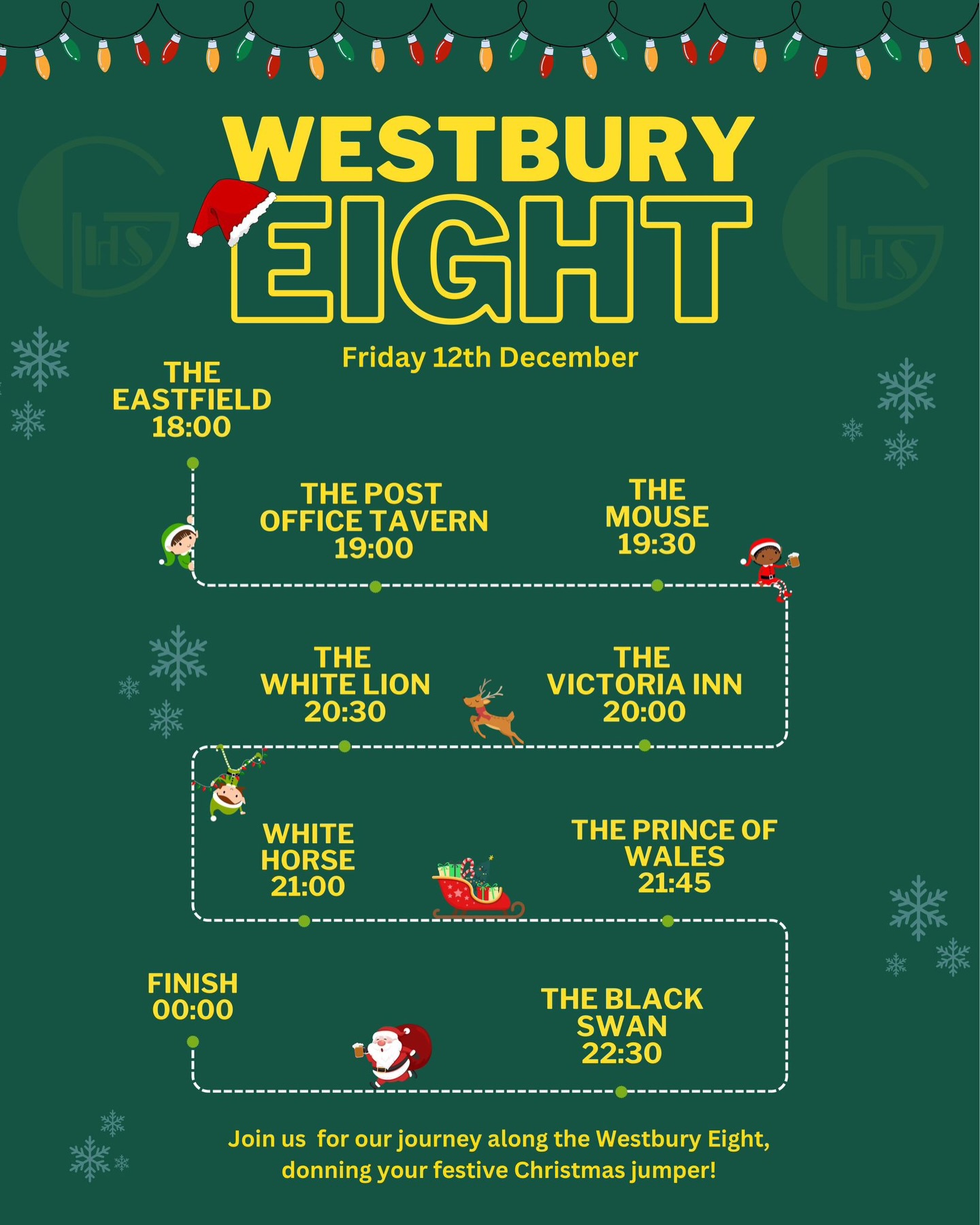 Just under 6 hours until we take on the Westbury 8!
Be great to see as many of you as possible, whether it’s for the full crawl or just popping in at one stop.
See you there🎅🏻🎄
GH Social Committee x