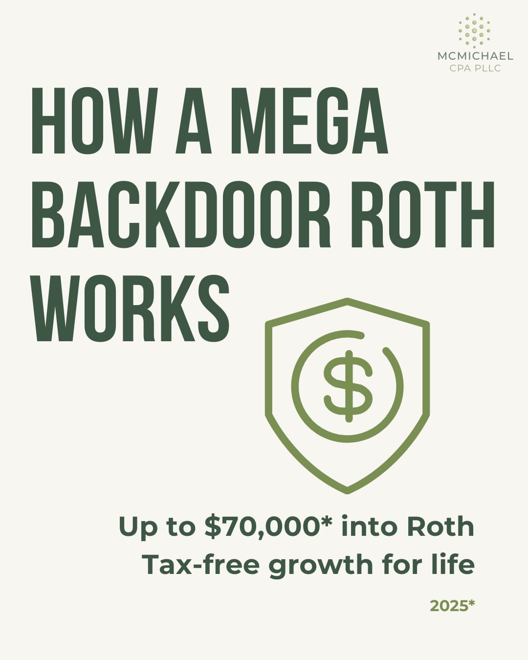 💸 High earners: You might be missing the biggest Roth opportunity in the tax code.
A Mega Backdoor Roth lets you move up to $70,000 into a Roth account in 2025 ($72,000 in 2026) — even if you’re over the income limits for a regular Roth IRA.
Here’s why it matters:
➡️ Regular Roth IRA limit (2025): $7,000
➡️ Mega Backdoor Roth potential: Up to $70,000
➡️ No MAGI restrictions. No phaseouts.
➡️ Massive tax-free compounding for retirement.
Most people never hear about it because your 401(k) has to allow after-tax contributions + Roth conversions, and many plans don’t have this feature.
If your plan does allow it, you’re sitting on one of the most powerful tax tools available.
If you want to know how much you can contribute based on your compensation — I can help you run the numbers.
📩 DM me “ROTH” or tap the link in bio to schedule a meeting.
McMichael CPA — Your key to tax savings.