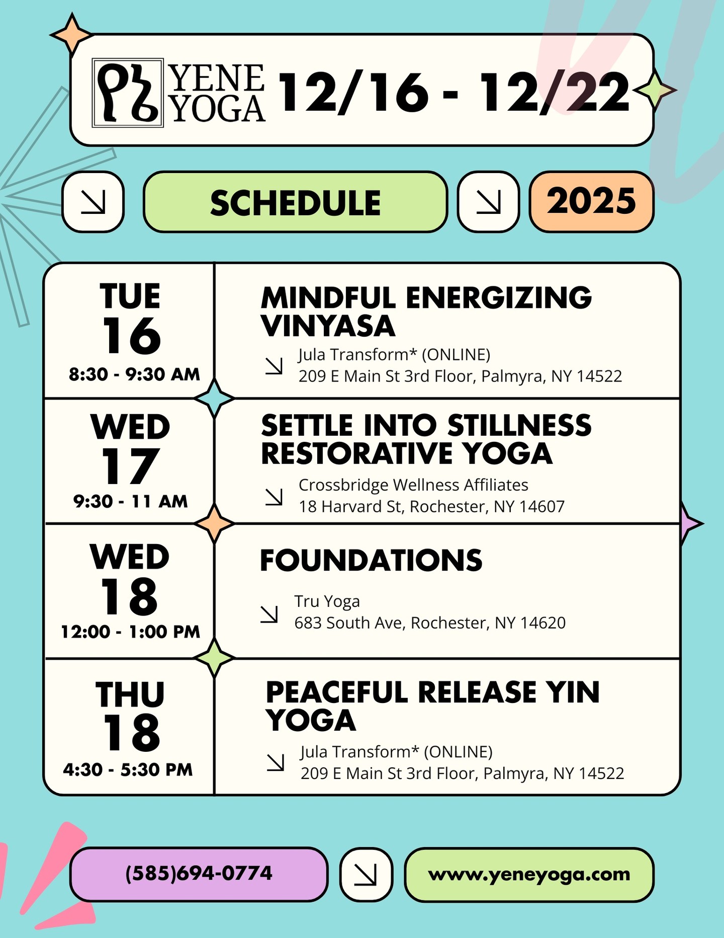 This week's Yene Yoga newsletter is now live! Read on for an homage to the Indian Pueblo Cultural Center in Albuquerque, New Mexico and a discussion of legacy, the interconnectivity of past and present, and the power of the self as both the embodiment and the planter of seeds (bīja - बीज) towards a better world.
https://www.yeneyoga.com/so/41PiaFHXx?languageTag=en
This week's schedule:
🌱Tuesday 12/16
🪷Mindful Energizing Vinyasa (ONLINE ONLY)
8:30 - 9:30 AM EST
Jula Transform*
Held ONLINE
$10 flat-rate
Please book at least 30 min* before
🌱Wednesday 12/17
🪷Settle into Stillness Restorative Yoga
9:30 - 11:00 AM EST
Crossbridge Wellness Affiliates
18 Harvard St, Rochester, NY 14607
$10/$15/$20 Sliding Scale pricing
🪷Foundations*
12:00 - 1:00 PM EST
Tru Yoga
683 South Ave, Rochester, NY 14620
$10/$15/$20 Sliding Scale pricing
*All Tru classes must be booked directly through Tru at www.truyogaroc.com
🌱Thursday 12/18
🪷Peaceful Release Yin Yoga (ONLINE ONLY)
4:30 - 5:30 PM EST
Jula Transform* (ONLINE)
$10 flat-rate
Please book at least 30 min* before
🌱Friday 12/19
🪷Rest & Renew Restorative Yoga
5:30 - 6:45 PM
Bookeater Books
836 S Clinton Ave, Rochester, NY 14620
$10/$15/$20 Sliding Scale pricing
Please book at least 30 min* before
🌱Saturday 12/20
NO PUBLIC CLASSES - PRIVATE SESSIONS AVAILABLE
🌱Sunday 12/21
🪷Reset & Reconnect Evening Vinyasa
5:30 - 6:30 PM EST
Crossbridge Wellness Affiliates
18 Harvard St, Rochester, NY 14607
$10/$15/$20 Sliding Scale pricing
🌱Monday 12/22
NO PUBLIC CLASSES - PRIVATE SESSIONS AVAILABLE
#rochesterny #rochesteryoga #restorative #event #thingstodo #yin #vinyasa #rest #growth