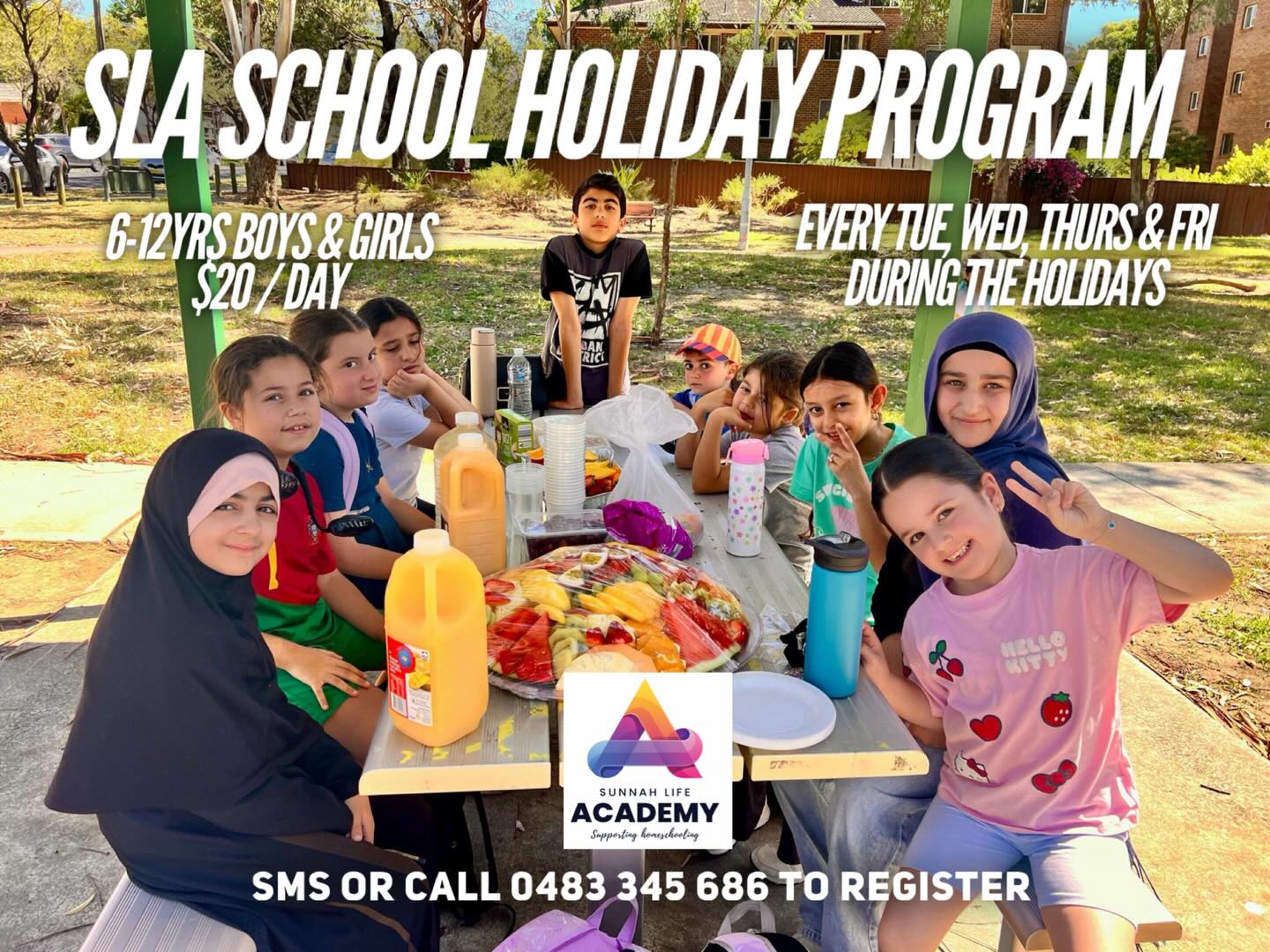 Our holiday program, Bankstown
• Only $20 per day per child
• 10am – 2pm
• Tuesdays to Fridays
• Running throughout the school holidays
• Register by SMS or call: 0483 345 686