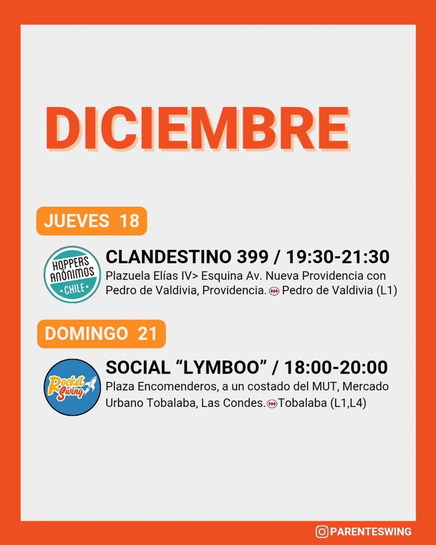 ✨Todos los eventos son gratuitos y abiertos a todo público, a menos que se indique valor de entrada 💸
‼️Cualquier modificación o nuevo evento en los comentarios👇🏻 y/o por historias 👆🏻
🤔 Qué es un Clandestino o Baile Social?
Una instancia donde fanáticos de los bailes swing (Lindy hop, Balboa, Shag, Solo jazz) se reunen a compartir, hacer comunidad y a la vez, practicar.
❌ Las actividades publicadas NO son instancias de clases para aprender a bailar, a menos que se indique “Taller” o “Clase Abierta”.
👀 Quieres aprender a bailar?
En nuestra historia destacada “CLASES” está toda la información y formularios de inscripción a los cursos del mes de las escuelas de bailes swing ✨
Nos vemos en la pista! 💃🏻🕺🏻🔥
#danzachile #lindyhopchile #swingchile #bailechile #eventoschile #danzasantiago #santiagodechile #panoramasgratis #swingdancechile #swingdancingchile #lindyhopperschile #panoramasgratis #panoramagratis #santiago