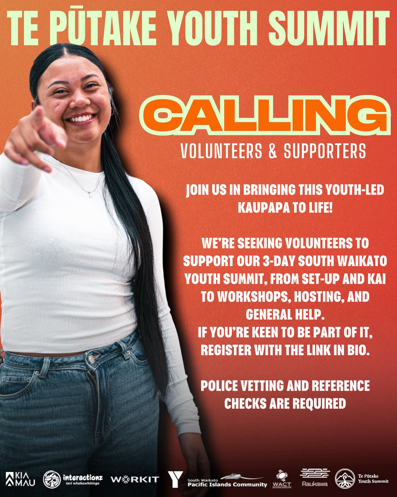 🌟 VOLUNTEERS & SUPPORTERS WANTED 🌟
Te Pūtake Youth Summit is happening 21–23 January 2026, and we need an awesome crew to help bring this kaupapa to life! 🙌🏽🔥
We’re calling on passionate adults (18+) who want to support our rangatahi as they connect, grow, and lead the future of South Waikato.
✨ Roles include:
✔️ Set-up & pack down
✔️ Logistics & transport support
✔️ Kai prep & serving
✔️ Workshop support
✔️ General event support / hosting
If you’ve got a heart for youth and want to be part of something powerful, we’d love to have you on the team.
🔗 Register with the link in bio
Police vetting required.
#TePutakeYouthSummit #SouthWaikatoRangatahi #CommunityInAction #VolunteersNeeded #foryouthbyyouth