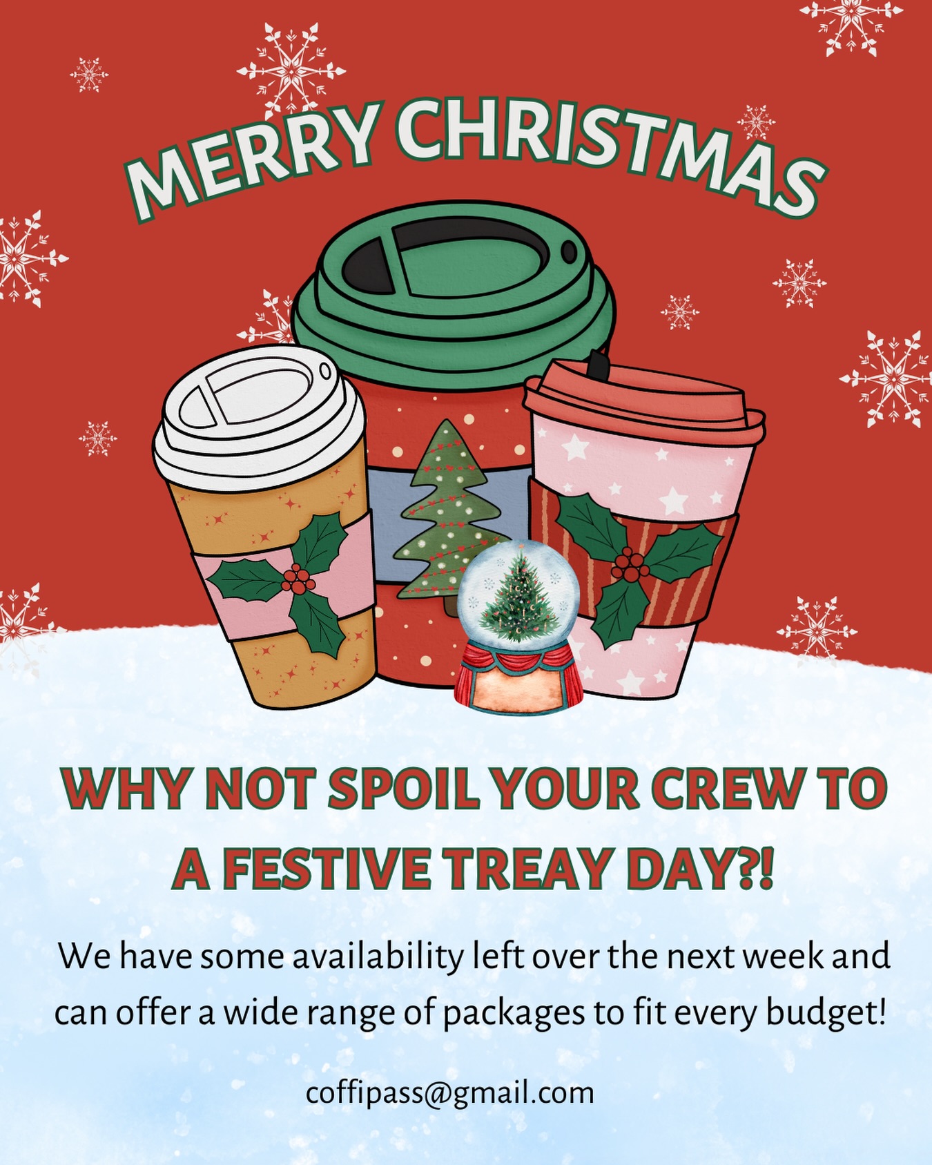 It’s Christmas! What better treat for your crew working in the cold and wet than to book us for a treat day!
We have some availability for the rest of the year, with two vans we can cater to any sized production, with packages for every budget!
From our unlimited coffee package, sweet treat add one and everyone’s favourite boost shots, we can provide the perfect pick me up for crew.
Contact us here or via email to get a quote and our availability!