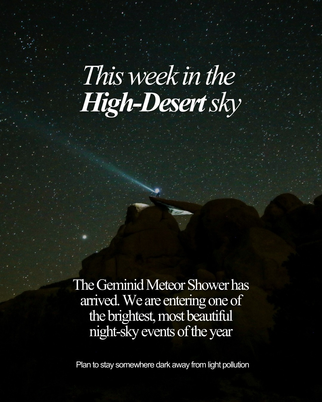 The Geminid meteor shower peaks this weekend, offering the high desert some of the region’s most pristine skies for viewing.
Inside Joshua Tree National Park, stretches of open horizon and dark skies make for exceptional stargazing. A few fan favorites include:
+ Pinto Basin Road – quiet pullouts with minimal light interference
+ Hidden Valley & Cap Rock – iconic desert formations with broad sky views
+ Cottonwood Campground area – the quieter southern end of the park
+ Quail Springs & Keys View – elevated or designated stargazing areas
Beyond the park, calmer stretches of desert are equally striking and defiantly worth the drive:
+ Pioneertown roads – rural pullouts away from streetlights
+ Landers & Giant Rock area – sparse light and wide-open desert
+ BLM desert roads north of Yucca Valley – minimal interference for the Milky Way
For night-sky stays nearby, we love The Yucca & Ocotillo Cabins, Casa Bella, and Villa Paros.
Each home offering seclusion, darker skies, and thoughtful amenities that make stepping outside and letting the desert sky take center stage easy, comfortable, and worth every moment.
If you’re out this weekend, look up! Save this post for your desert weekend reminder.
- Cocoon
#meteorshower #joshuatreenationalpark #nightsky #darkskyreserve #desertvacation #getaway #travelcalifornia #wellnessdestination #weekendgetaway #vacationproperty