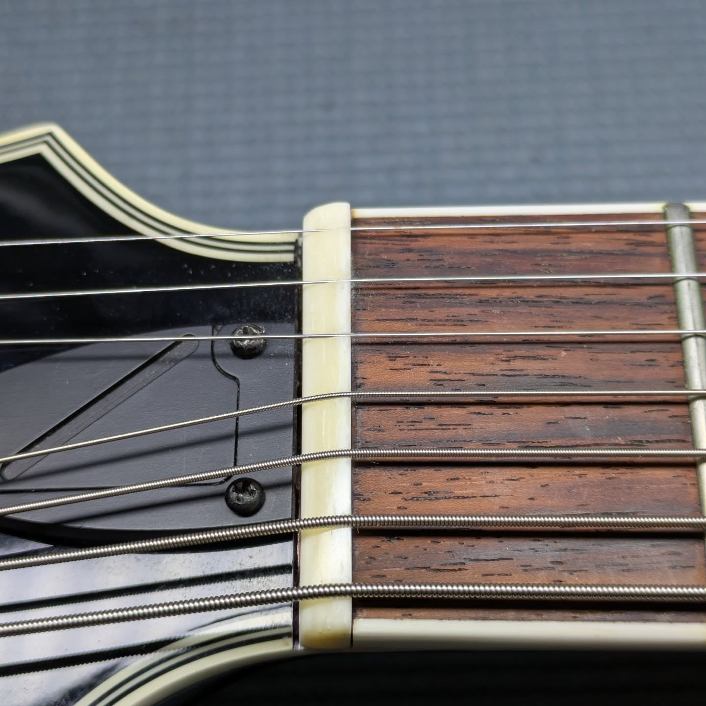 Today, I crafted a handmade bone nut for this Ibanez 7-string. The original synthetic, black nut had broken during a flight because of mishandling by the TSA. Oh well...at least this guitar sings now!