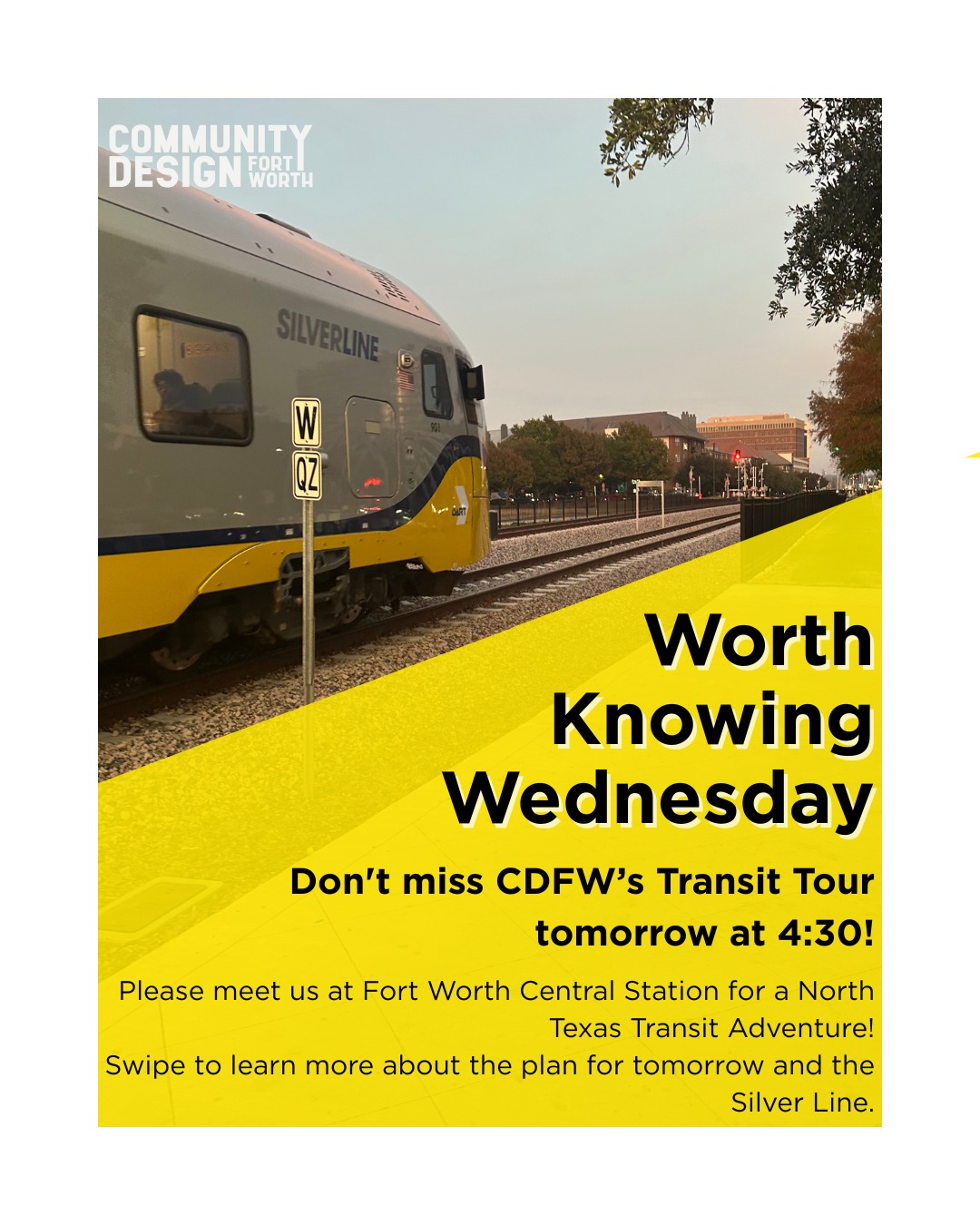 This week's Worth Knowing Wednesday asks you to join us for a first-hand experience on TEXrail and the Silver Line. And read about North Texas' newest public transportation opportunity.
#fortworthdesign #fortworthcommunity #fortworthnonprofit #cdfw #communitydesignfortworth #regionalconnectivity #northtexastransit #transittour