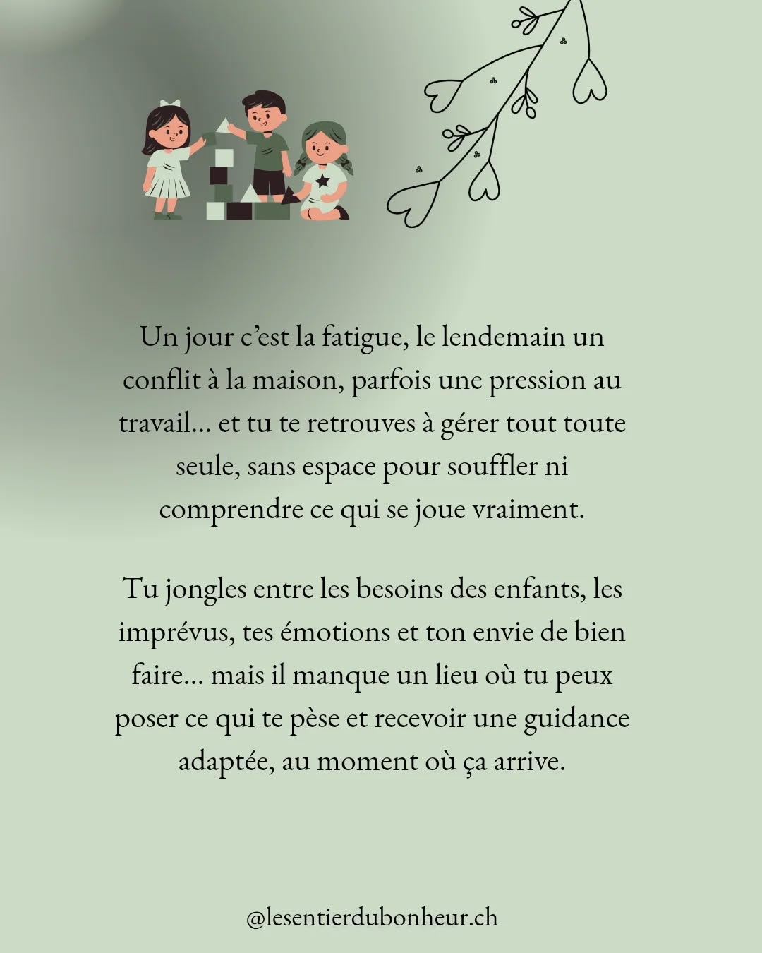 Tu n’es pas obligée de tout gérer seule.
Avec Franche Connection, tu as un espace quotidien où déposer ce que tu vis, être entendue, soutenue et guidée en temps réel.
Un mois pour souffler, comprendre ce qui se passe en toi, libérer ce qui bloque… et avancer avec plus de clarté et de légèreté.
Un premier appel visio de 30 minutes pour créer la connexion, puis un accompagnement (le weekend tu peux aussi déposer, simplement j'assure les réponses du lundi au vendredi) par WhatsApp : tu m’écris, je t’accompagne avec l’outil juste du moment (communication connectée, chakras, EFT, lectures du système…).
Et les jours où tout va bien, je vais voir pour toi ce qui demande de l’attention dans ton système.
Un suivi doux, simple, mais profondément transformateur.
Un vrai soutien au quotidien, pour une maman qui mérite aussi d’être portée.
Retrouve-moi volontiers par message privé 😉
#mamanepuisee #mamansoutien #mamansuisse
#mamansolo #liberationemotionnelle #connexion
#vie2maman #developpementpersonnel #chakras #mamanaujourlejour #soutienquotidien
#mamanfatiguee #bienetre #equilibreinterieur
#parentalite