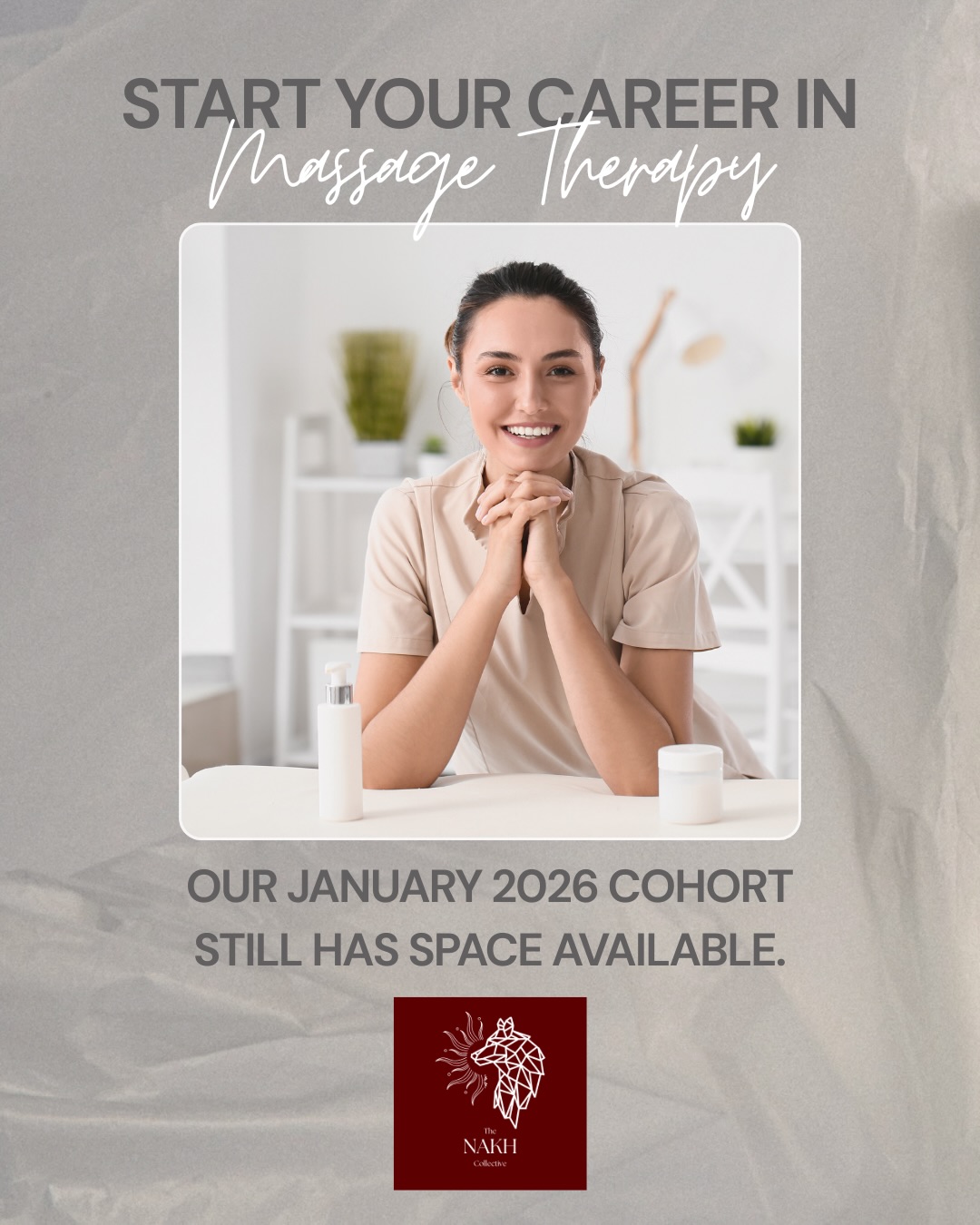 Our January 2026 Massage Therapy cohort still has space available for students who are ready to begin a meaningful and in-demand career. If you want hands-on experience, mentorship, and a learning environment designed to support your growth, NAKH Collective may be the right fit for you.
Our program combines practical skills, real-world training, and supportive instructors who are committed to helping you succeed. Whether you are entering a new career path or expanding your skills in the wellness field, we would love to help you take the next step.
If you are interested in joining the January 2026 cohort, reach out to our team or visit our website for more information.