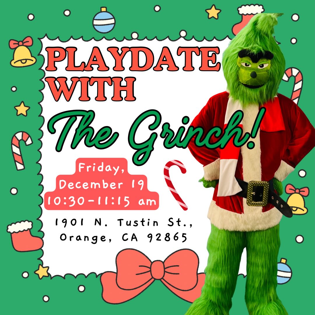 This Friday we have a very special guest… The Grinch! Join us for games and some Christmas spirit @playandparties
#playdate #ocmoms #christmas #thegrinch #grinch #grinchmas #ockids