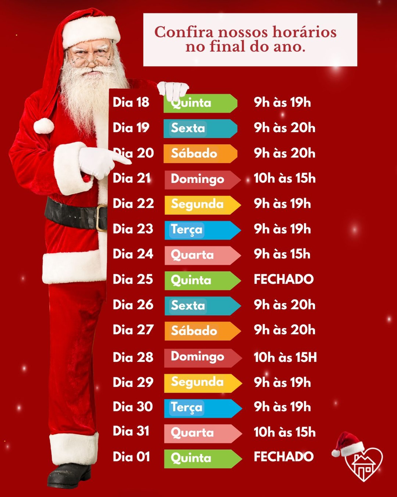 Texto para feed:
Final de ano e o tempo parece correr mais depressa, né? Por isso, resolvemos divulgar nossos horários para você se programar e não deixar de vir na Decorando Terê. Aqui você encontra aquelas ultimas comprinhas e os detalhes que faltam para deixar a sua casa ainda mais bonita. Estamos esperando por você. Decorando Terê, a sua loja de coração para coração!
#decorandotere #decorando #terefri #decoracao #natal #presentes #camamesaebanho #toalhas #teresopolis