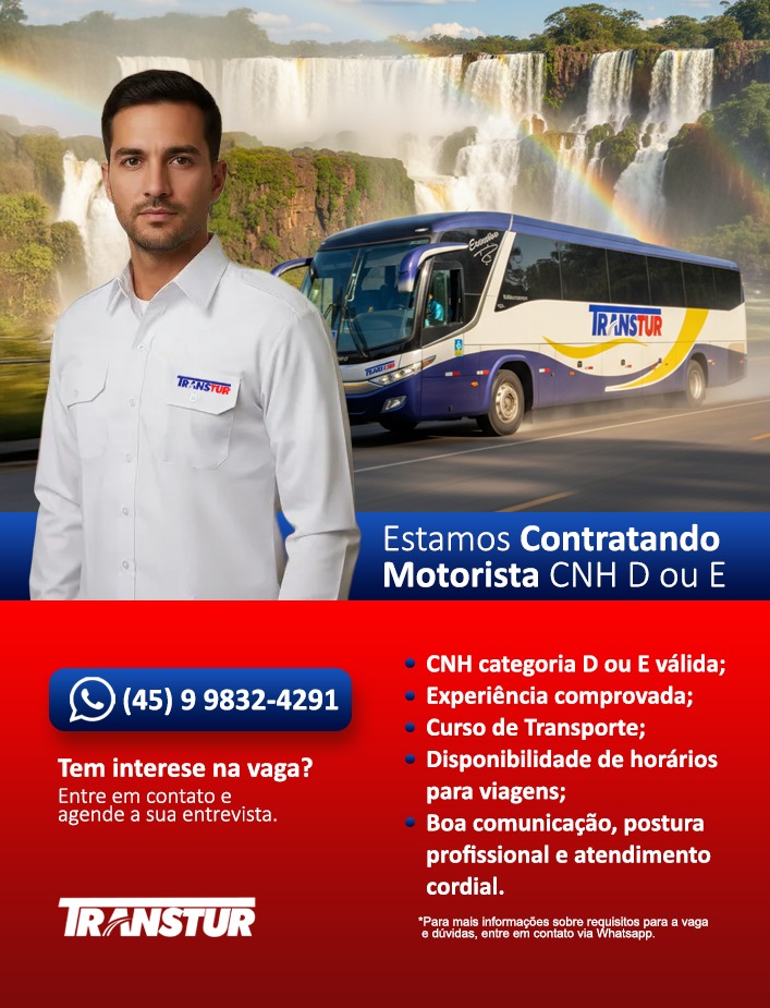 🚍 Estamos contratando Motorista CNH D ou E!
Se você tem experiência, responsabilidade e paixão por transportar pessoas com segurança e conforto, essa oportunidade é para você! 💼✨
Na Transtur Turismo, valorizamos profissionais comprometidos, com boa comunicação e postura profissional, prontos para fazer parte de uma equipe que leva qualidade em cada viagem.
📲 Tem interesse na vaga?
Entre em contato pelo WhatsApp (45) 9 9832-4291 e agende sua entrevista.
Venha rodar com a gente e fazer parte de grandes trajetos! 🌎🚌
#vagas #estamoscontratando #motorista #cnhd #CNHE #transturturismo #oportunidadedeemprego