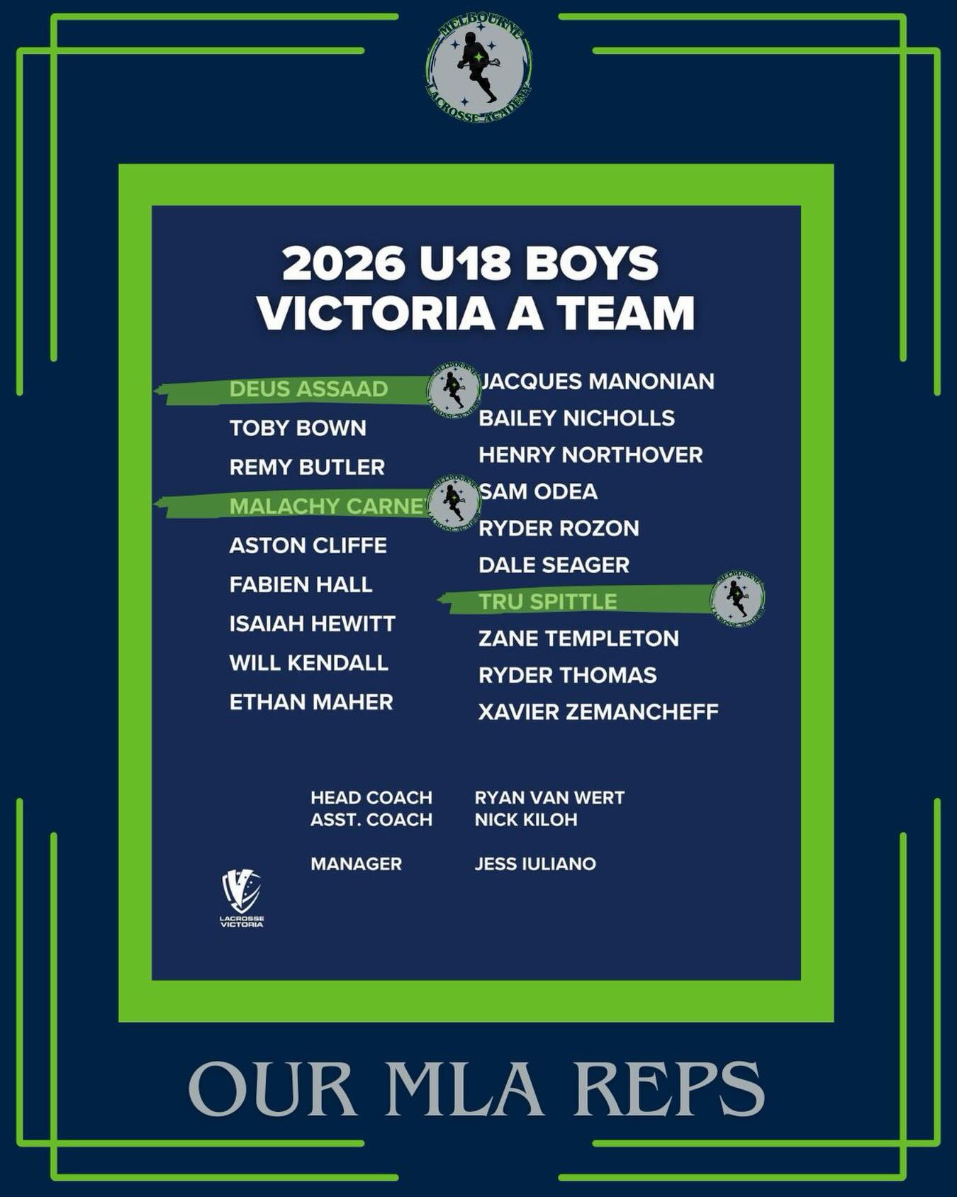 Congratulations to Deus Assad, Mal Carney and Tru Spittle, who participated in the 2025 MLA Elite Development Program, and have been selected to represent Victoria on the 2026 u18 Boys Victorian Development team in the 2026 Lacrosse Australia u18 National Championships to be held in Perth in April! Your hard work and dedication to the sport is really paying! Congratulations! We are very proud of you! 💙💚🩶