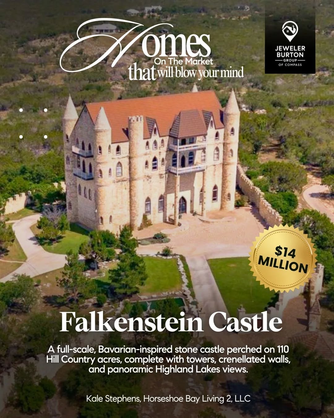 This week’s feature is Falkenstein Castle, a Bavarian-inspired stone estate rising above the Texas Hill Country like something transported from another continent.
From its towers and crenellated courtyard walls to the commanding ridgeline setting, this is architecture built around presence and permanence.
Set on roughly 110 acres, the home blends fantasy, craftsmanship, and panoramic views in a way you almost never see in an active listing.
Listed by Kale Stephens, Horseshoe Bay Living 2, LLC.
7400 Park Road 4 W, Burnet, TX 78611 — $14,000,000.
See the full property details here: https://www.compass.com/homedetails/7400-Park-Road-4-W-Burnet-TX-78611/1841396477270619137_lid/
Buying or selling? Let’s make your next move seamless.
Jeweler Burton Group of Compass
www.JewelerBurton.com
#JewelerBurtonGroup #CompassDMV #DMVHomes #LuxuryRealEstate #ArchitecturalHomes #UniqueHomes #HomesThatWillBlowYourMind #TexasRealEstate #HillCountryHomes #CastleHome #oneofonehomes