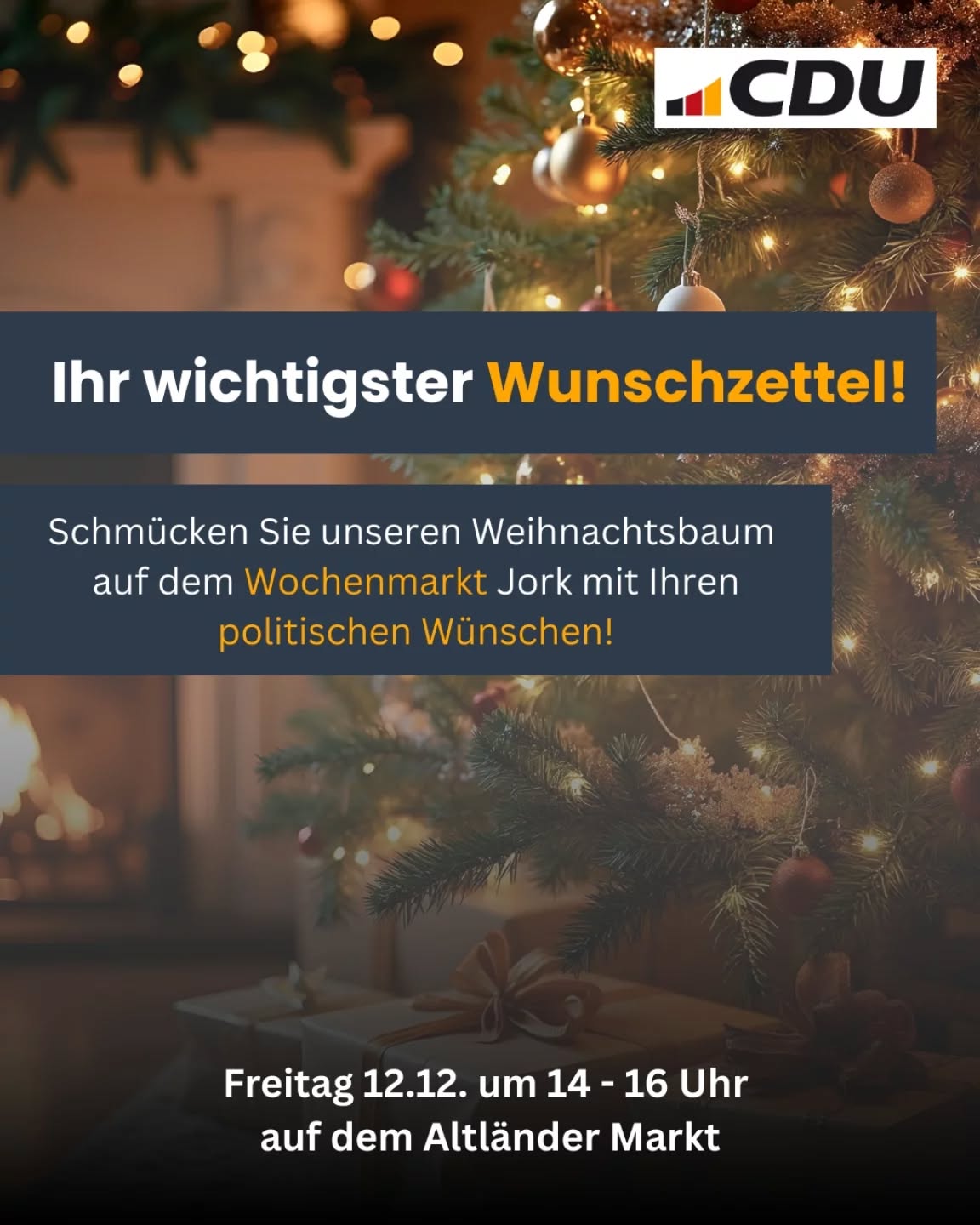 Was sollte die Politik unbedingt umsetzen?
🌲Teilen Sie uns einfach Ihre Wünsche mit. Wir stellen dafür einen Weihnachtsbaum am Freitag 12.12. von 14-16 Uhr auf dem Altländer Markt bereit, der mit Wunschzettel geschmückt werden kann. Kommen Sie gerne mit uns über Politik ins Gespräch.
📝Keine Zeit am Freitag? Gerne auch einfach Ihr Anliegen in die Kommentare schreiben!
#unserherzfürjork #cdu #weihnachtswünsche