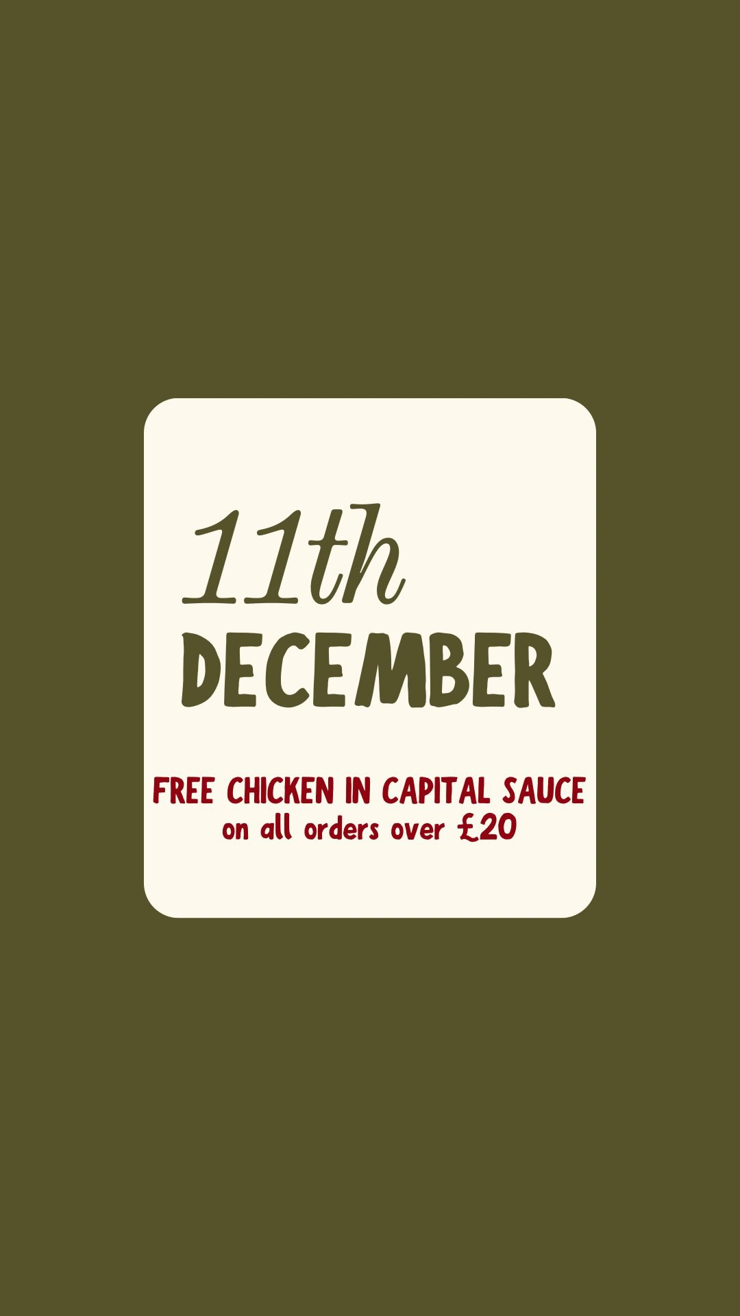 🎄✨ DAY 1 — CHICKEN IN CAPITAL SAUCE ✨🎁
We’re kicking off our 12 Days of Christmas with a classic favourite!
Today only: FREE Chicken in Capital Sauce with all orders over £20 😍🔥
Start the festive countdown the tasty way! 🎅🏼🥢
🗓️ open from 5pm-10pm (Mon to Sat)
📞 order now ➜ 01908 227288
chinese takeaway in milton keynes | wolverton | foodie | places to eat milton keynes | hong kong food milton keynes | restaurant wolverton | food delivery milton keynes
#miltonkeynestakeaway #miltonkeynessmallbusiness #miltonkeyneschinese #miltonkeyneschinesetakeaway #miltonkeynesfood #miltonkeynesfoodies #wolvertonfood #chinesetakeaway #miltonkeynesfoodie #miltonkeynesfoodscene #miltonkeynesfoodblogger #miltonkeynesfooddelivery #wolvertonfoodies #foodiesofinstagram #chinesefood #foodielondon #foodstagram #instafood #foodpic #delicious #foodoftheday #foodpics #hongkongfooduk #miltonkeynes #chinesefoodlover #wolvertoneats