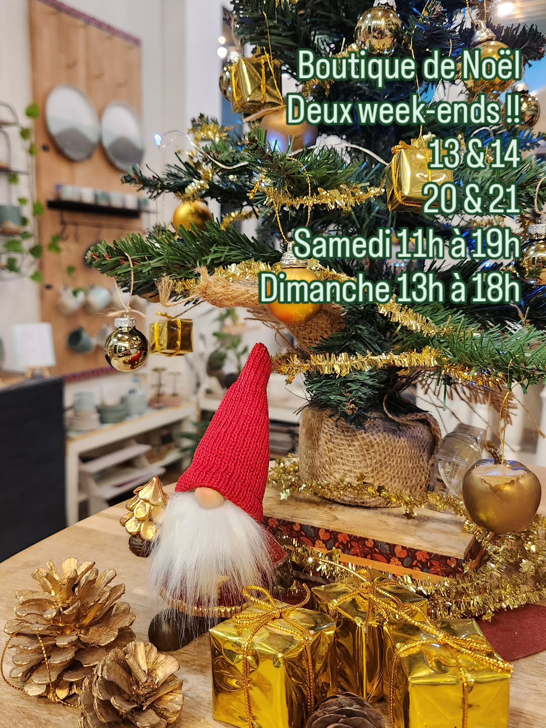 ✨Boutique de Noël✨
à l'atelier Temps de Terre
Week-ends spéciaux Boutique de Noël :
• 13 & 14 décembre
• 20 & 21 décembre
Samedi : 11h – 19h
Dimanche : 13h – 18h
En semaine :
• Du lundi au vendredi : 11h – 19h
⚠️fermeture lundi 15/12⚠️
Ici vous trouverez des cadeaux qui ont du cœur, qui racontent quelque chose, qui portent la trace de la main et de l’intention.
Une vaisselle artisanale pensée pour illuminer les petits gestes du quotidien. Des pièces douces, poétiques, qui invitent à ralentir et à savourer les moments simples.
Et on vous attend avec des bonnes tisanes et un chocolat chaud bien réconfortant. Alors vous venez ?
À très vite !
🎄🎁🎄