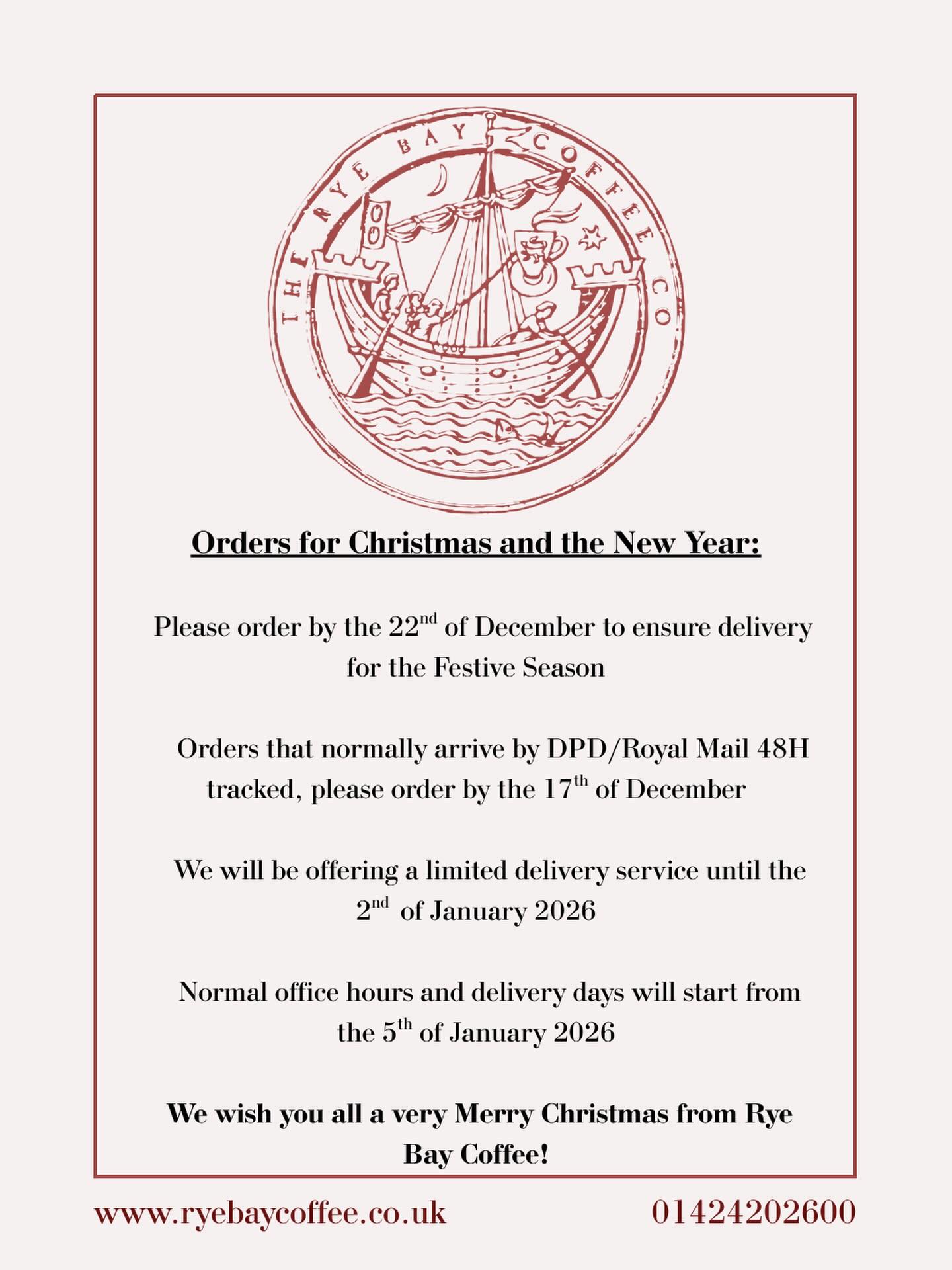 A message for all of our customers☕️
For any queries-
Give us a call at 01424 202600 or drop an email to Sales@ryebaycoffee.co.uk.
Happy coffee shopping!🎁
