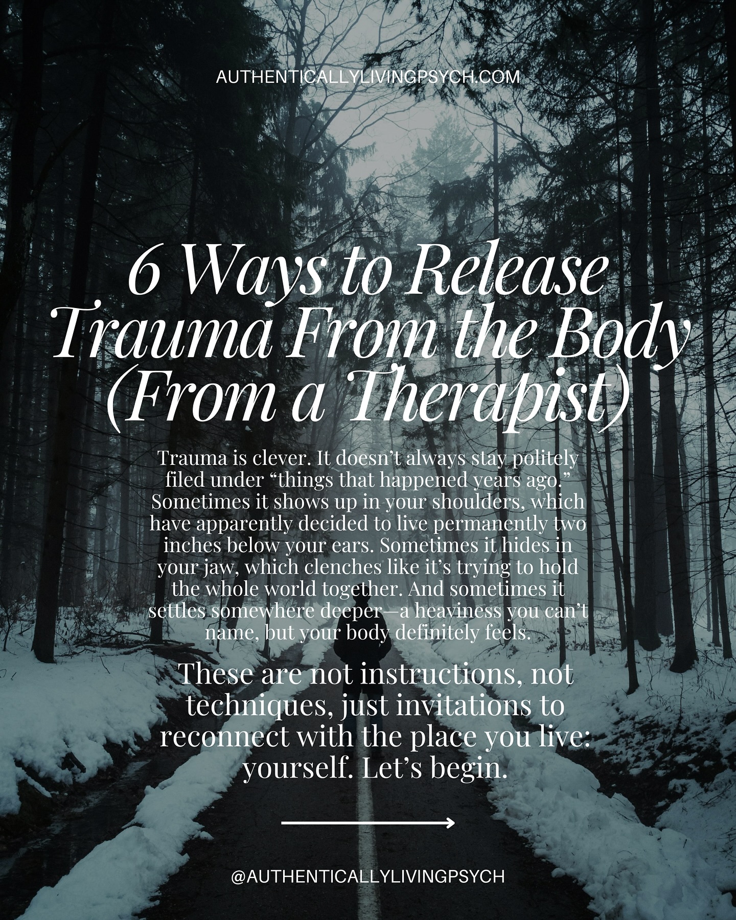 If you’re wondering how to release trauma from the body, it starts with noticing how your lived experience shows up in sensations, reactions, and moments of truth your body has been carrying. Releasing trauma in the body is really about letting yourself exist with more honesty, presence, and connection. These six suggestions might just nudge you a little closer to yourself.
#AuthenticallyLivingPsychology
———
#psychologists #mentalhealthmatters #selfcaretips #selfcareisntselfish #traumatherapy #traumahealing #authenticity #relationships #nylife #therapy #authenticself #authenticliving #therapy #nytherapist #njtherapist #wordsoftheday #selfcareday #healingjourney
*Instagram posts are not a substitute for therapy/mental health services or a continuation of care. These posts and activities are for informational purposes only. If you participate in any activities, it is your choice to do so and the practice is not held liable for any risk associated with these activities. You engage in the activities at your own risk. Liking, commenting tagging or sharing can limit confidentiality.