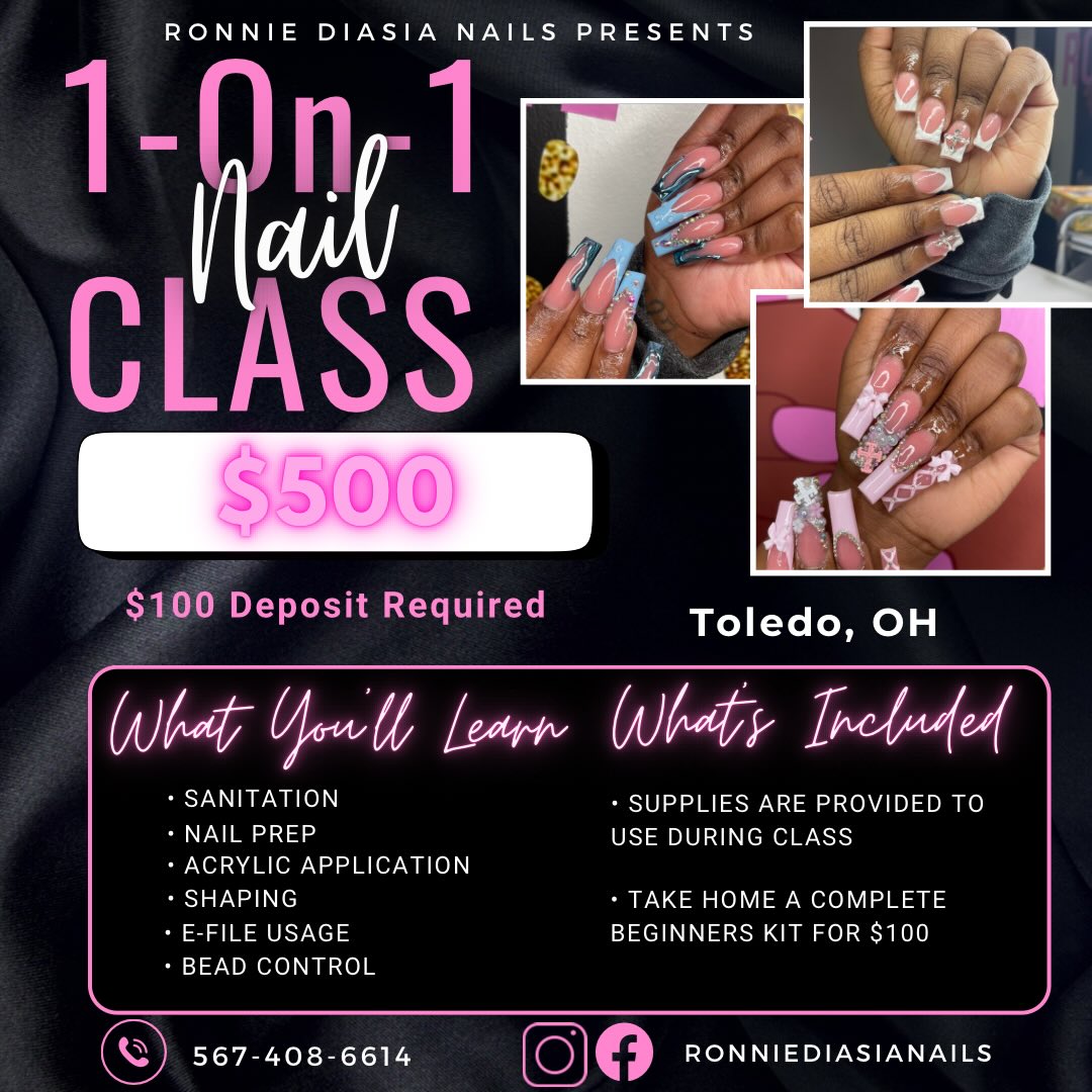 Level up your nail game with my class packages designed to build skill, confidence, and consistency 💖
Whether you’re a beginner or ready to refine your craft, there’s a package for you.
✨ Hands-on training
✨ Real techniques, real results
✨ Knowledge you can actually monetize
📲 Tap the link in my bio or DM “CLASS” to secure your spot
#toledonailtech #ohionailclass #nailclass #detroitnailclass #columbusnailclass #clevelandnailclass #perrysburgnailtech #sylvanianailtech #akronnailtech #akronnailclass #limanailtech