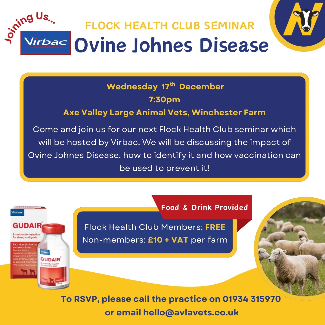 Join us for our latest Flock Health Club Seminar on Ovine Johnes Disease. Johnes is something we talk about a lot in cattle, but did you know it’s greatly under-diagnosed in many UK sheep flocks?
Virbac are joining us to discuss the issues with this highly prevalent iceberg disease and how their one-shot lifetime vaccine can control it.
Free of charge for members and £10+VAT per farm for non-members. Please RSVP by calling or emailing the practice!
📍 Axe Valley Large Animal Vets
⏰ 7.30pm
🗓️ Wednesday 17th December