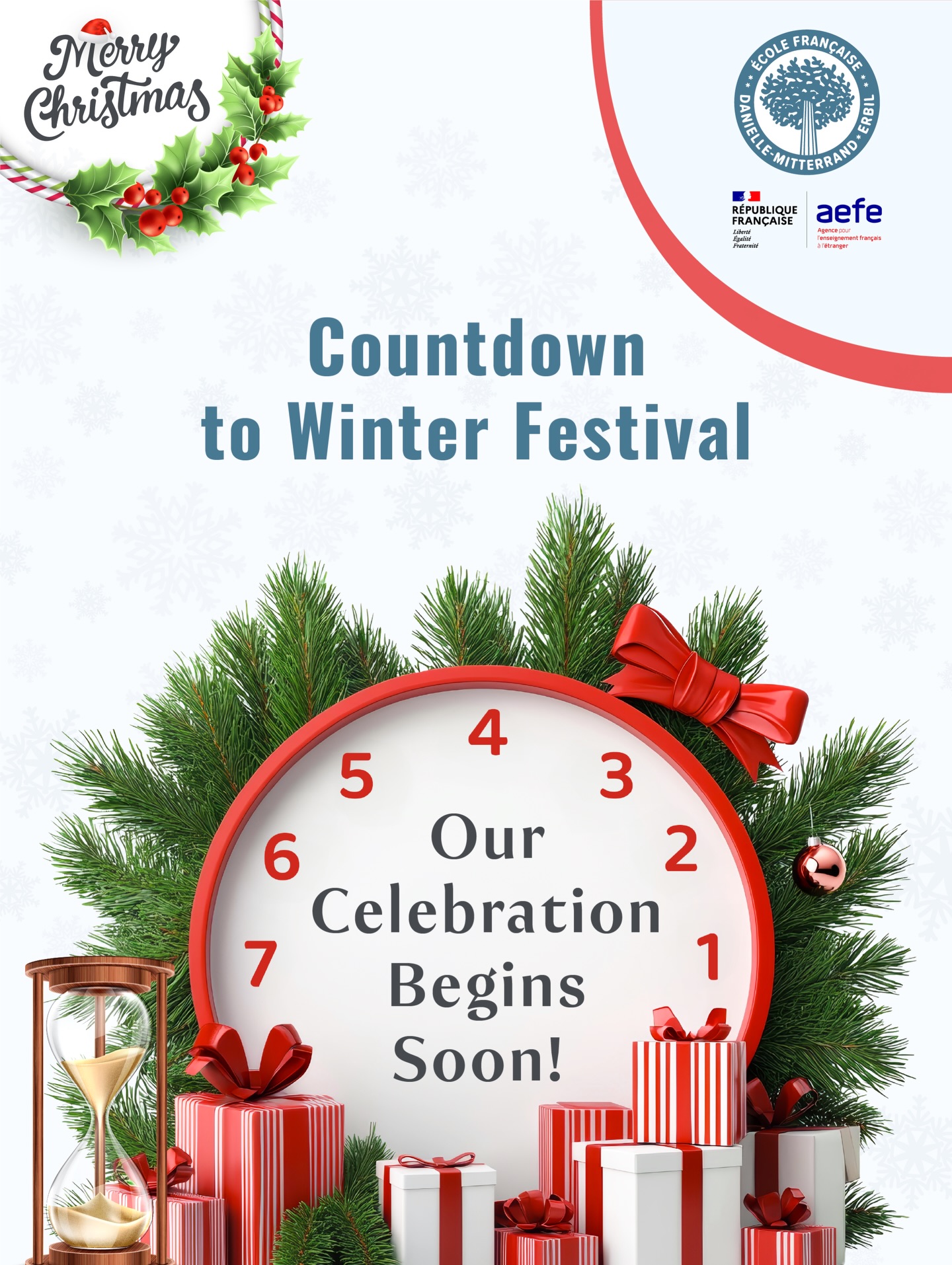 The countdown has begun! Our school is filled with excitement as students and staff prepare for the Christmas event. With dances being rehearsed and decorations coming together, every day brings us closer to a joyful celebration. Just a few days to go—and we can’t wait to share the magic with you!
-
Le compte à rebours est lancé ! L’excitation est palpable dans notre école, élèves et personnel se préparant pour les festivités de Noël. Entre les répétitions des danses et la mise en place des décorations, chaque jour nous rapproche de la joie des fêtes. Plus que quelques jours ! Nous avons hâte de partager la magie de Noël avec vous !
-
ژماردن بۆ دواوە دەستی پێکرد! هەستی خۆشی لە سەرانسەری قوتابخانەکەماندا دەبینرێت، لەکاتێکدا قوتابیان و ستافەکانی قوتابخانە خۆیان بۆ ئاهەنگی کریسمس ئامادە دەکەن. لە نێوان پرۆڤەی سەما و دانانی دیکۆراتدا، هەر ڕۆژێکی نوێ لە خۆشی ئاهەنگەکان نزیکمان دەکاتەوە. تەنها چەند ڕۆژێکی تر! ناتوانین چاوەڕێ بکەین تا سیحری جەژنی کریسمس لەگەڵ ئێوەدا بەشی بکەین!
-
بدأ العد التنازلي! مدرستنا تعجّ بالحماس بينما يستعد الطلاب والكادر التعليمي لاحتفال عيد الميلاد. مع التدريب على الرقصات وتجهيز الزينة، كل يوم يقربنا من يوم الاحتفال. لم
يتبقَّ سوى أيام قليلة، ونحن متشوقون لمشاركة هذا اليوم معكم!
-
#DanielleMitterrand #FrenchSchool #ErbilEducation #ÉcoleFrançaise #InternationalEducation #BilingualEducation #ÉducationEnFrançais #SchoolCommunity #ErbilSchool #LearningFrench #CultureFrançaise #LifeAtDMFS #DMFSCommunity #ÉducationInternationale #FrenchCurriculum #FrenchCulture #ÉcoleBilingue #DMFSExperience #EducationFrancophone #aefeinfo