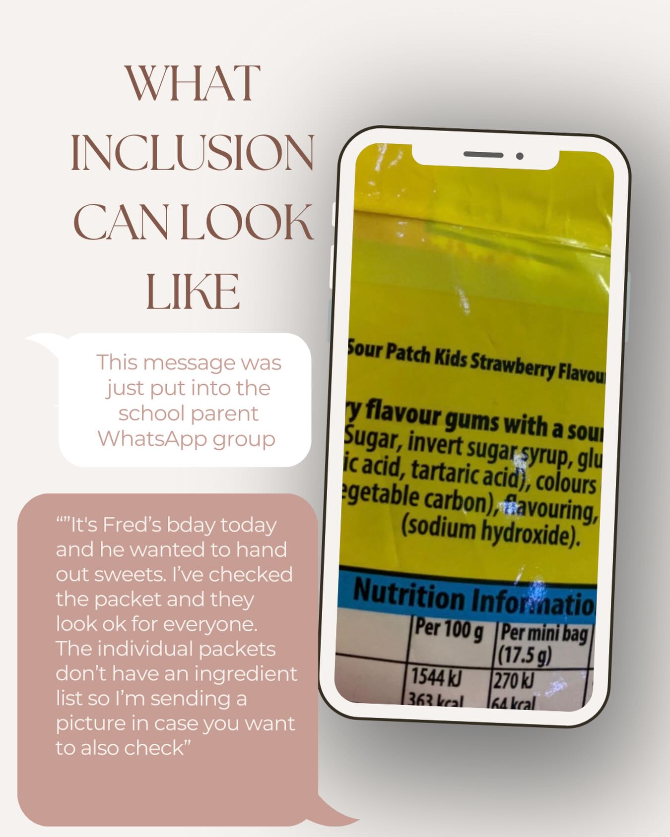 In amongst the festive fun, other celebrations continue.
Food is so often used as a way to connect and mark special occasions.
I know how much these messages mean to parents. That check in, that ‘I’ve thought of you’ moment. It enables their child to have the same as their friends and to be included.
It shows an understanding that parents may still want to check the ingredients themselves, even though you already have AND that it is completely understandable.
As we are in the last few days before schools break up, I hope many more messages are sent like this to the allergy community 🤍
