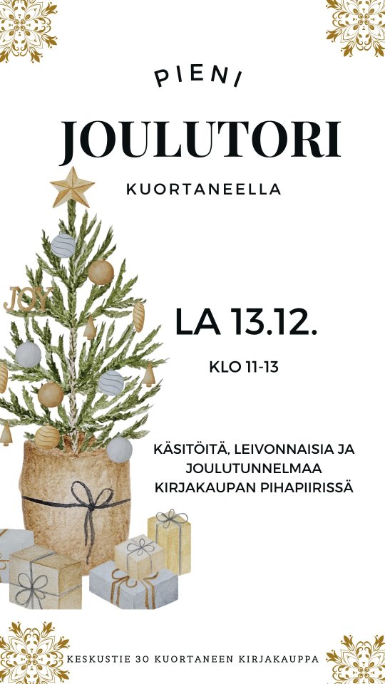 Tervetuloa Pienelle Joulutorille huomenna lauantaina 13.12✨
Pöydät ovat katettuina klo 11-13🎄
Tervetuloa myös Kirjakauppaan, kirjakaupan tonttu palveluksessanne klo 10-14 🤶
#kuortane #kuortaneenkirjakauppa