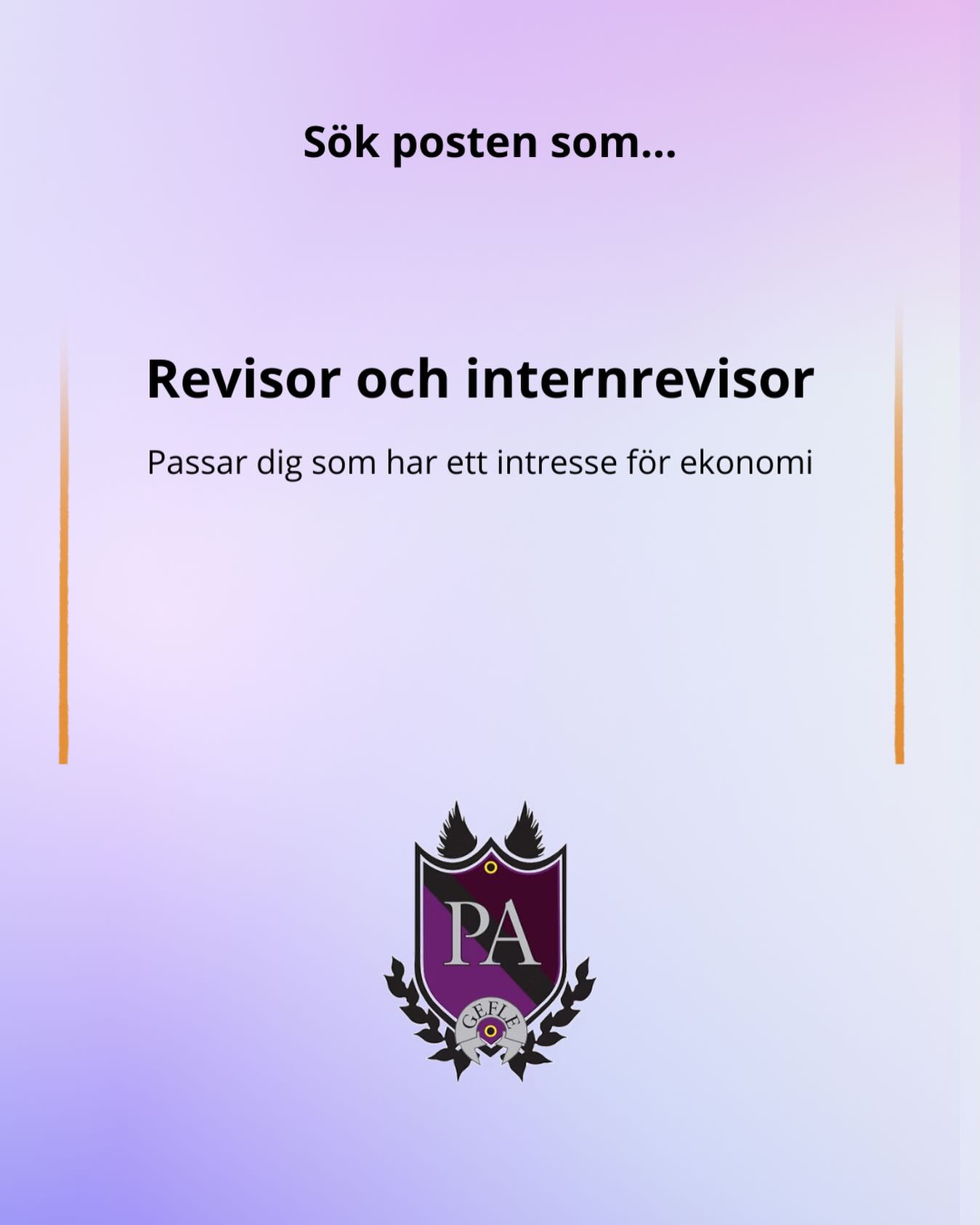 Utöver posterna som ingår i styrelsen finns det även två andra poster som går att söka. Dessa ingår alltså inte i själva styrelsen men är oerhört viktiga för arbetet i föreningen. Dessa passar dig som har någon form av intresse för ekonomi och skulle vilja förbättra ditt CV! 💜
– Revisor
Revisorn har till uppgift att föra en revision av föreningen, det vill säga att oberoende granska och uttala sig om förhållandena i verksamheten. I sin revisionsberättelse konstaterar revisorn om bokföringen är gjord att lita på och intygar, om så är fallet, att den är upprättad enligt de krav som lagen anger och i enlighet med god revisionssed i stort.
– Internrevisor
En internrevisor har till uppgift att granska föreningen. Syftet ska vara att granskningen ger styrelsen möjlighet att hitta vägar till förbättring och effektivisering av arbetet. Det är styrelsens verktyg för att kontrollera att föreningen drivs såsom styrelsen har beslutat i verksamhetsmålen.
Vill du sitta som revisor/internrevisor eller nominera någon?
✨ valberedning@pageflestudentforening.com
Ansökan stänger 7/1.