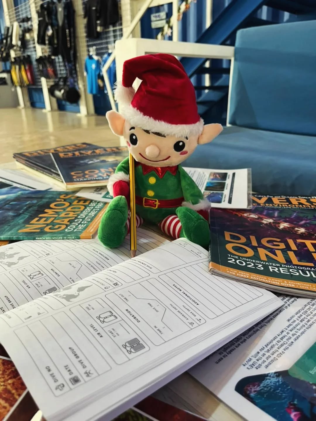 “Logged: Saw 1 shark, 5 mermaids, and Santa’s sleigh 🚤🐬🎅 #100thdive