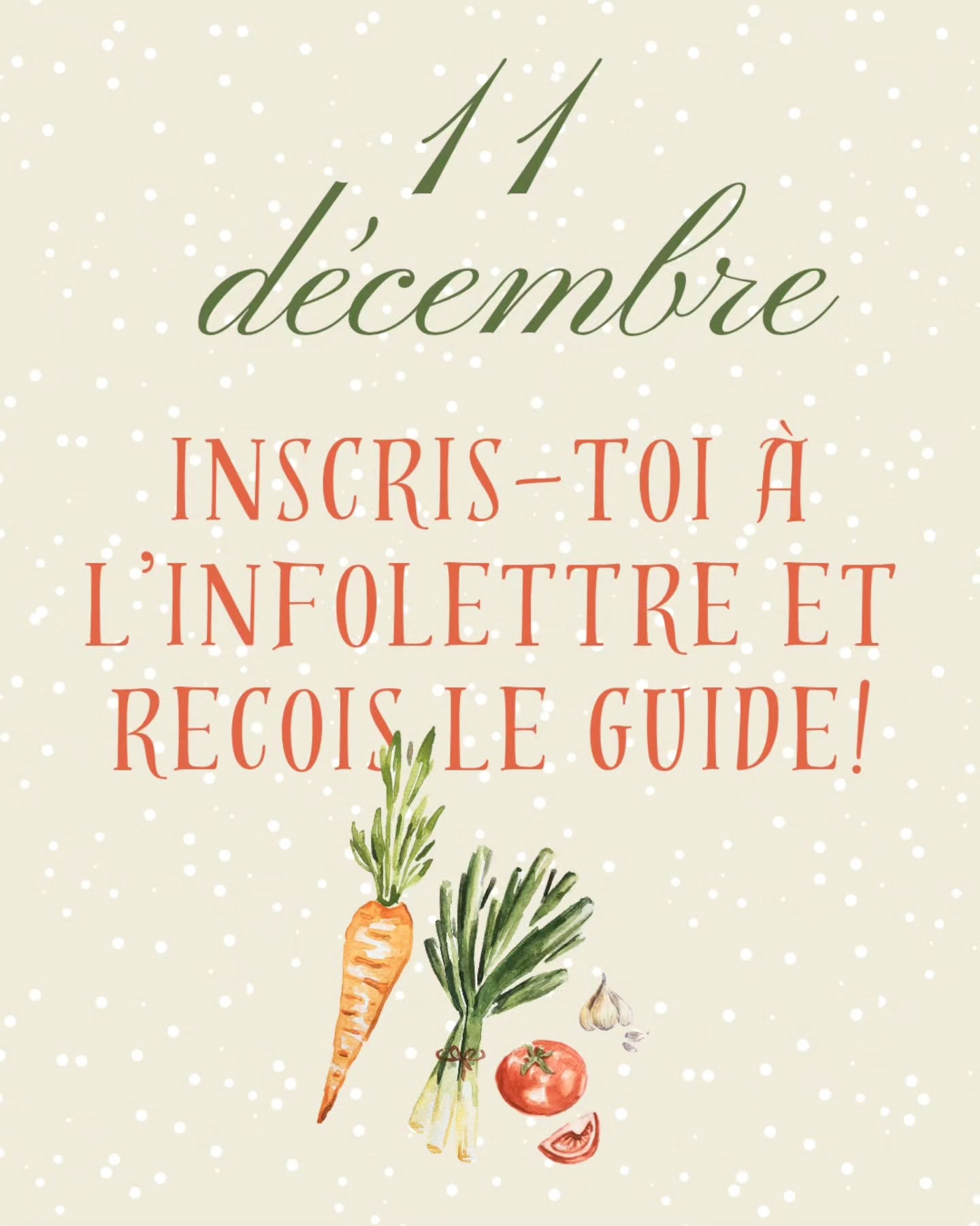 📒🥕🥦 11 décembre – Utile & mignon guide de légumes GRATUIT !!! Inscris-toi à notre infolettre et reçois le guide de préparation, conservation et cuisson, contenant une section d’activités et de recettes pour les enfants 🎅💚
Lien du site en bio.
*Après ton inscription, si tu ne vois pas notre message, va voir dans ta boite d'indésirables ;)