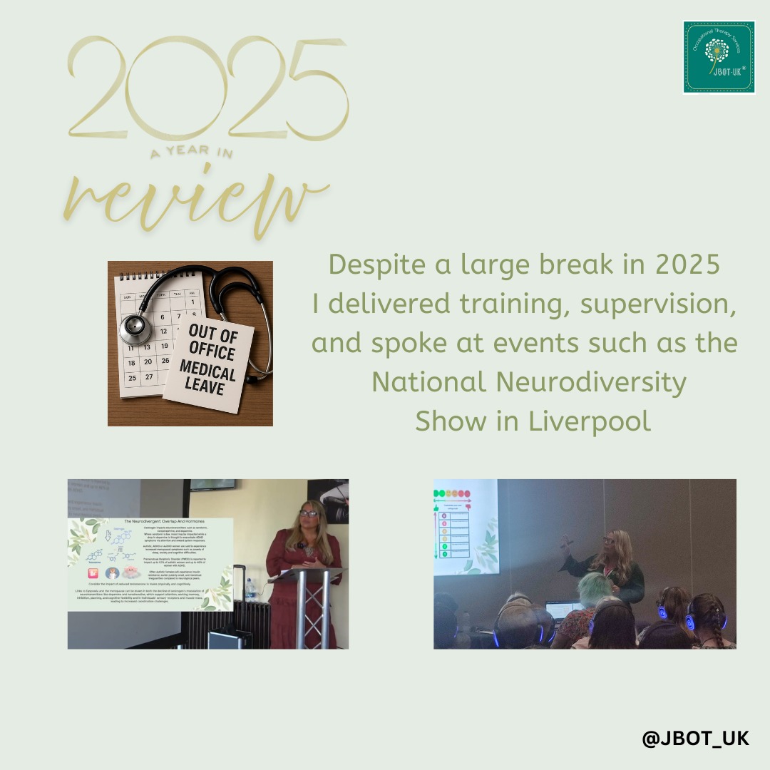 Obligatory year-in-review post, sharing some of the things that JBOT-UK® has been up to in 2025.
I won't pretend it was an easy year; I had a chunk of time off that was difficult for many reasons, but I am proud of everything I still managed to do.
I have lots more exciting plans for spring 2026, so keep watching this space!
Thank you to every single person who has liked, followed or shared my work; it means a lot.
#YearInReview2025 #My2025Recap #HighlightsOf2025#Therapy #Wellness #Dedication #ThankYou #OccupationalTherapy #Inclusion #Diversity #Neurodiversity #Autism #ADHD #Dyspraxia #CPD #Supervsion #Freebies #PrivatePractice #OT #Sensory #Blog #JBOTUK #SmallActsOfKindness #NationalNeurodiversityShow #Axia