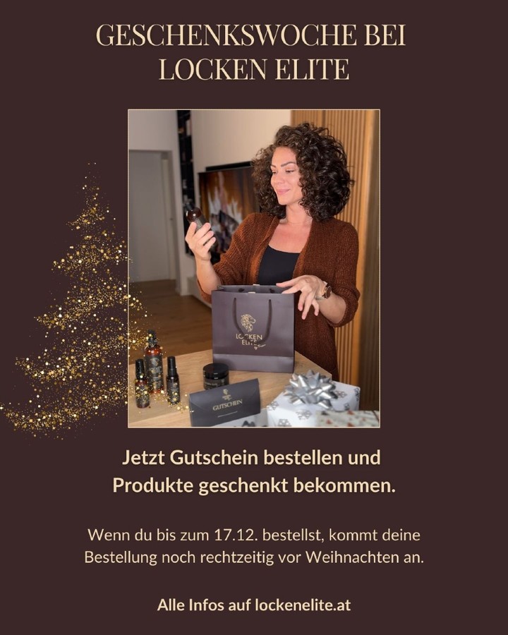 Bestelle bis zum 17. Dezember und erhalte deinen Locken Elite Gutschein inklusive kostenloser Produkte rechtzeitig zu Weihnachten nach Hause. 😍
🎁 ab 150 € Gutscheinwert: 1 Produkt deiner Wahl gratis
🎁 ab 200 € Gutscheinwert: 2 Produkte deiner Wahl gratis
🎁 ab 400 € Gutscheinwert: das komplette Locken Elite Set im Wert von 183,50 € geschenkt
🎁 ab 600 € Gutscheinwert: das gesamte Locken Elite Set plus zwei Henna-Treatments deiner Wahl im Gesamtwert von über 260 € kostenlos dazu
💛 Hinweis: Unser beliebtes Locken Elite Serum ist derzeit fast vergriffen und momentan nur im Locken Elite Set erhältlich.
Alle Details findest du auf lockenelite.at ✨
#geschenkwoche #weihnachten #gutschein #schenken #lockenelite #curlyhair #christmas